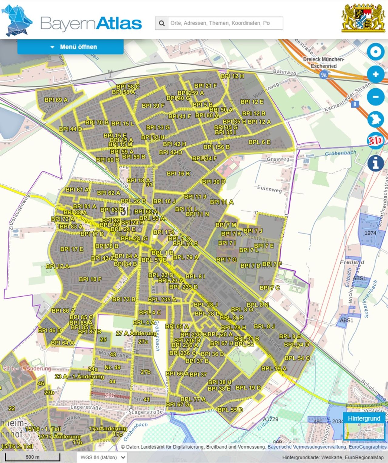Screenshot BayernAtlas Screenshot aus dem BayernAtlas der das Gemeindegebiet Gröbenzell zeigt