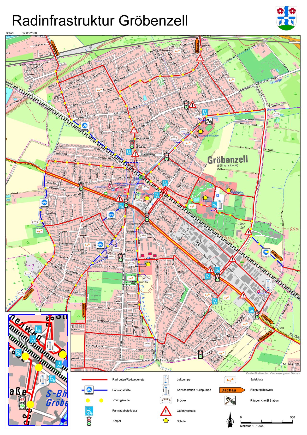 Karte Fahrradinfrastruktur Die Grafik zeigt eine Karte des Gröbenzeller Gemeindegebiets mit Symbolen und Markierung für die Fahrradinfrastruktur im Gemeindegebiet.