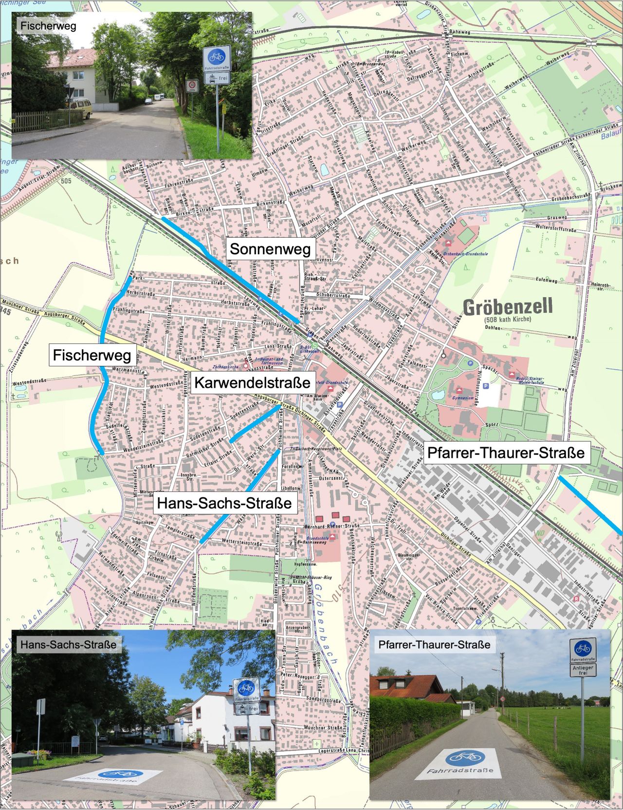 Fahrradstraßen im Gröbenzell Gemeindegebiet Das Bild zeigt eine Karte des Gemeindegebiets Gröbenzell. Darin befinden sich Markierung und die Namen sowie Abbildung der Fahrradstraßen im Gemeindegebiet.