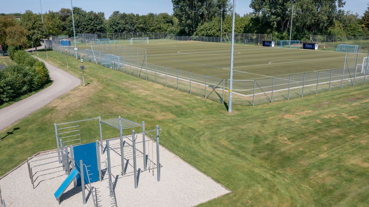 Calisthenicsanlage im Vordergrund, dahinter der großflächig angelegte Kunstrasenplatz
