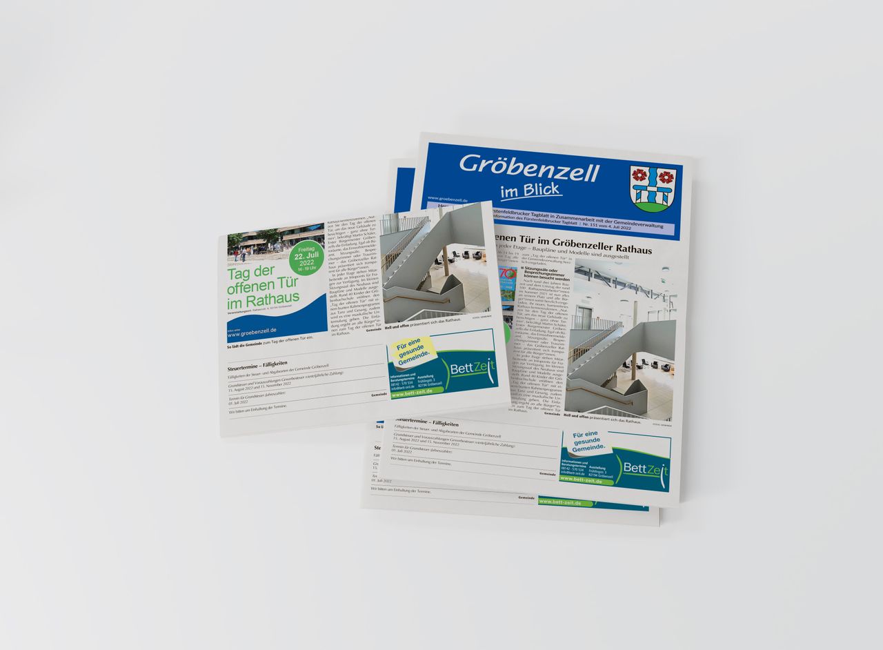 "Gröbenzell im Blick" Ausgabe vom 4. Juli 2022 Mockup der Ausgabe vom 4. Juli 2022 des Mitteilungsblatts "Gröbenzell im Blick" der Gemeinde Gröbenzell