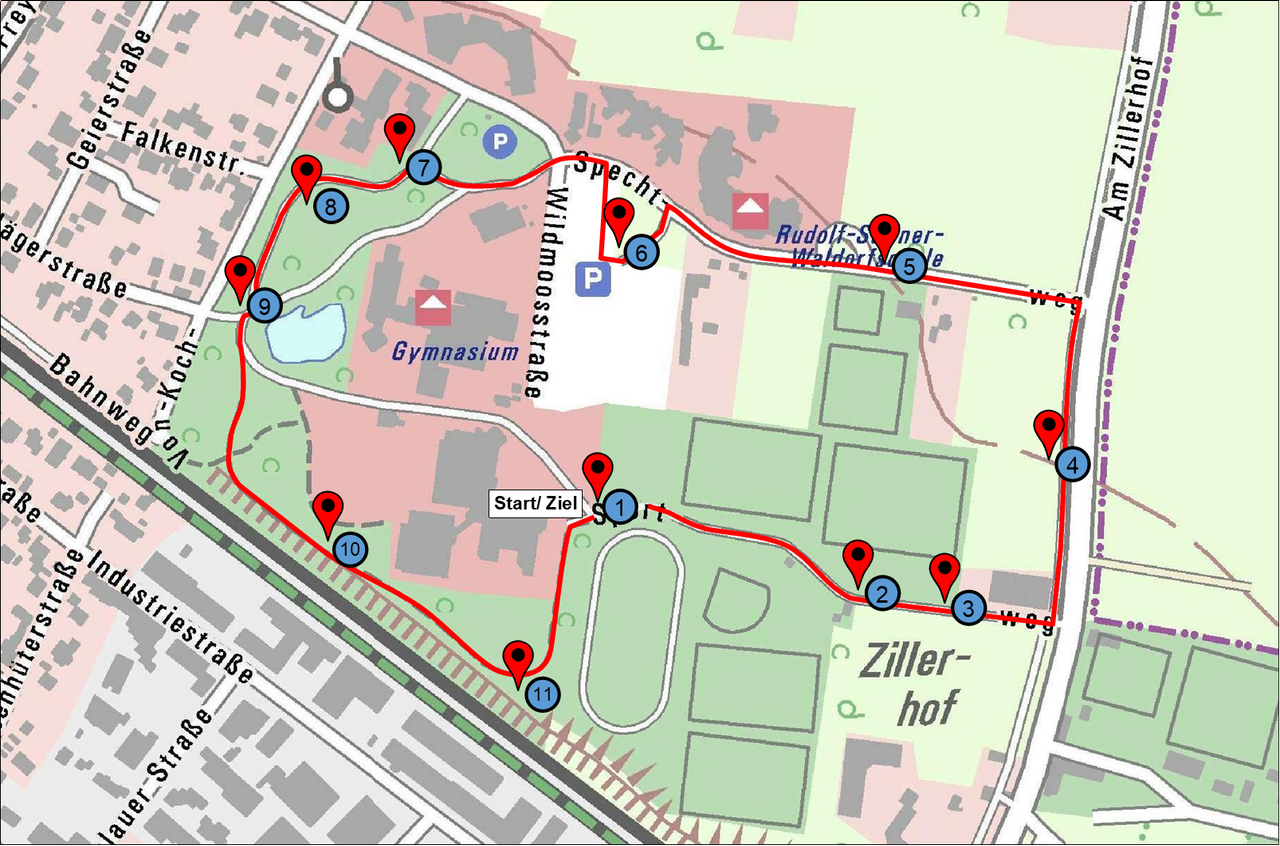 Trimm.Dich.Pfad der Gemeinde Gröbenzell: Route und Übungsgeräte Route (in roter Linie) und Übungspunkte (in blau) des Trimm.Dich.Pfads, eingezeichnet auf der Karte des Bürgerparks der Gemeinde Gröbenzell