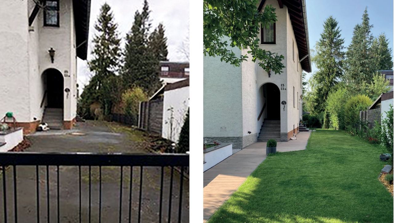 Links ist eine versiegelte Einfahrt eines Einfamilienhauses zu sehen. Rechts sieht man die entsiegelte Einfahrt nach Inanspruchnahme des Kommunalen Flächenentsiegelungsprogramms: Statt vorher Beton ist nun Rasen zu sehen