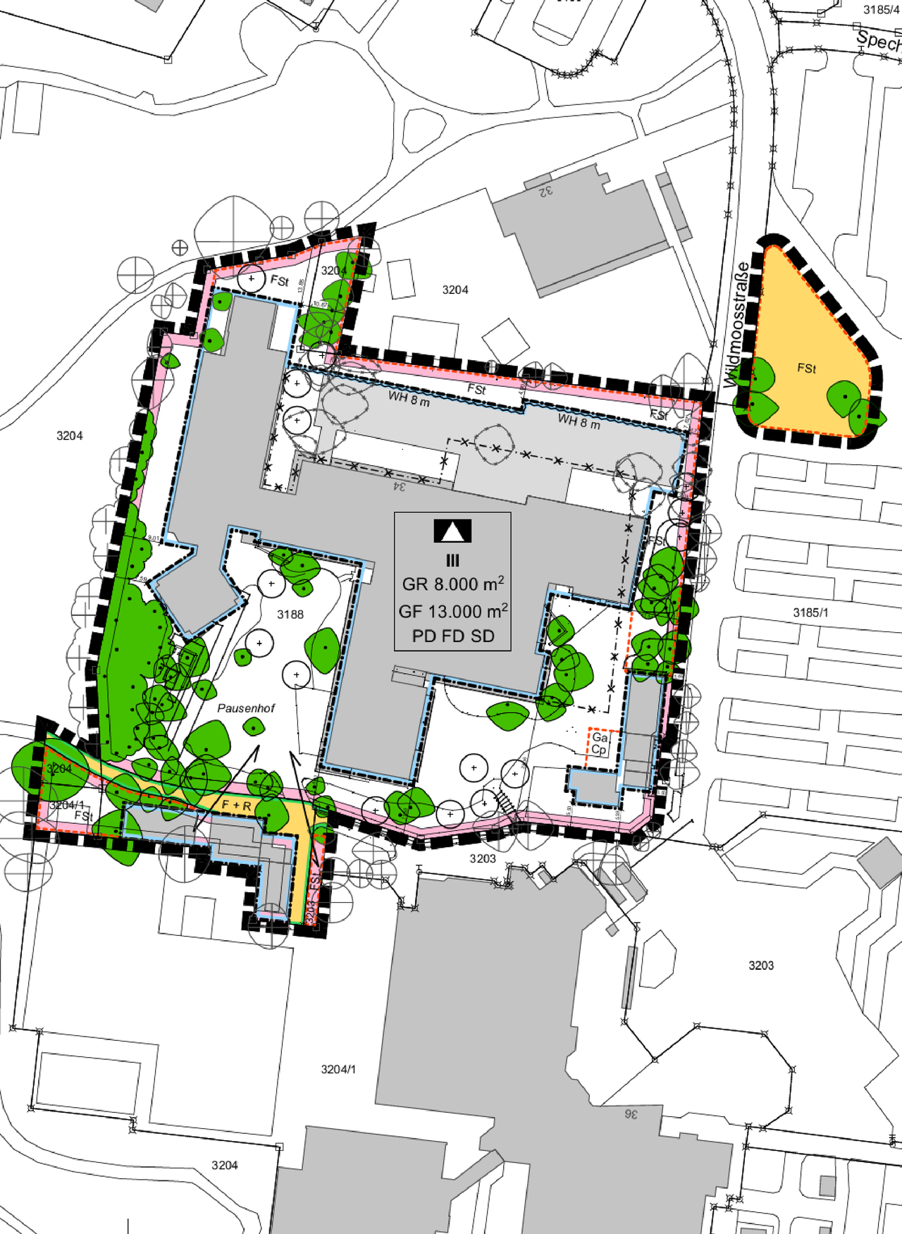 Bebauungsplan Nr. 7 N "Erweiterung Gymnasium Gröbenzell" Das Bild zeigt den am 8.2.2024 in Kraft getretenen Bebauungsplan Nr. 7 N. Anlass der Planung ist die Schaffung eines Erweiterungsbaus für das Gymnasium Gröbenzell nördlich des Bestandsgebäudes. Der Erweiterungsbau sieht zwei Vollgeschosse vor.