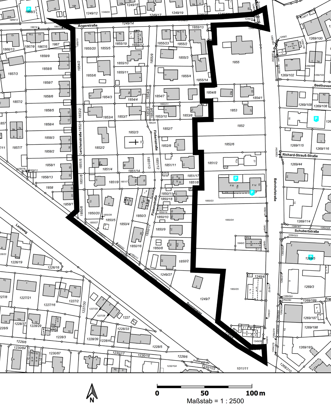 Lageplan zum Billigungsbeschluss des Bebauungsplans Nr. 18 E Die Abbildung zeigt den Lageplan zum Billigungsbeschluss des Bebauungsplans Nr. 18 E im Bereich der Angerstraße, Lerchenstraße, Finkenstraße und des Sonnenwegs.