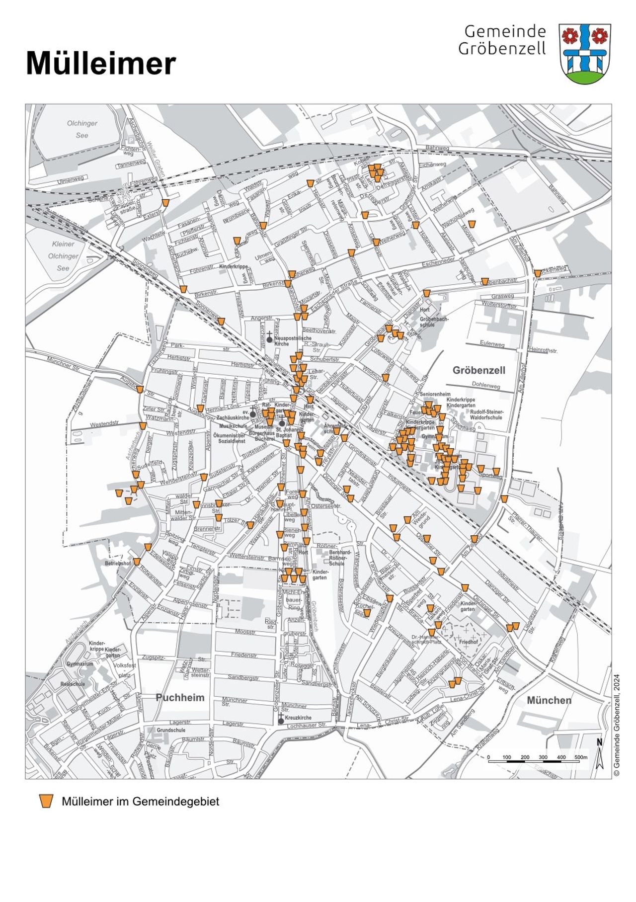 Übersicht aller Mülleimer im Gemeindegebiet Gröbenzells, farbig hinterlegt auf einer schwarz-weißen Kartenansicht von Gröbenzell (Stand Januar 2024)