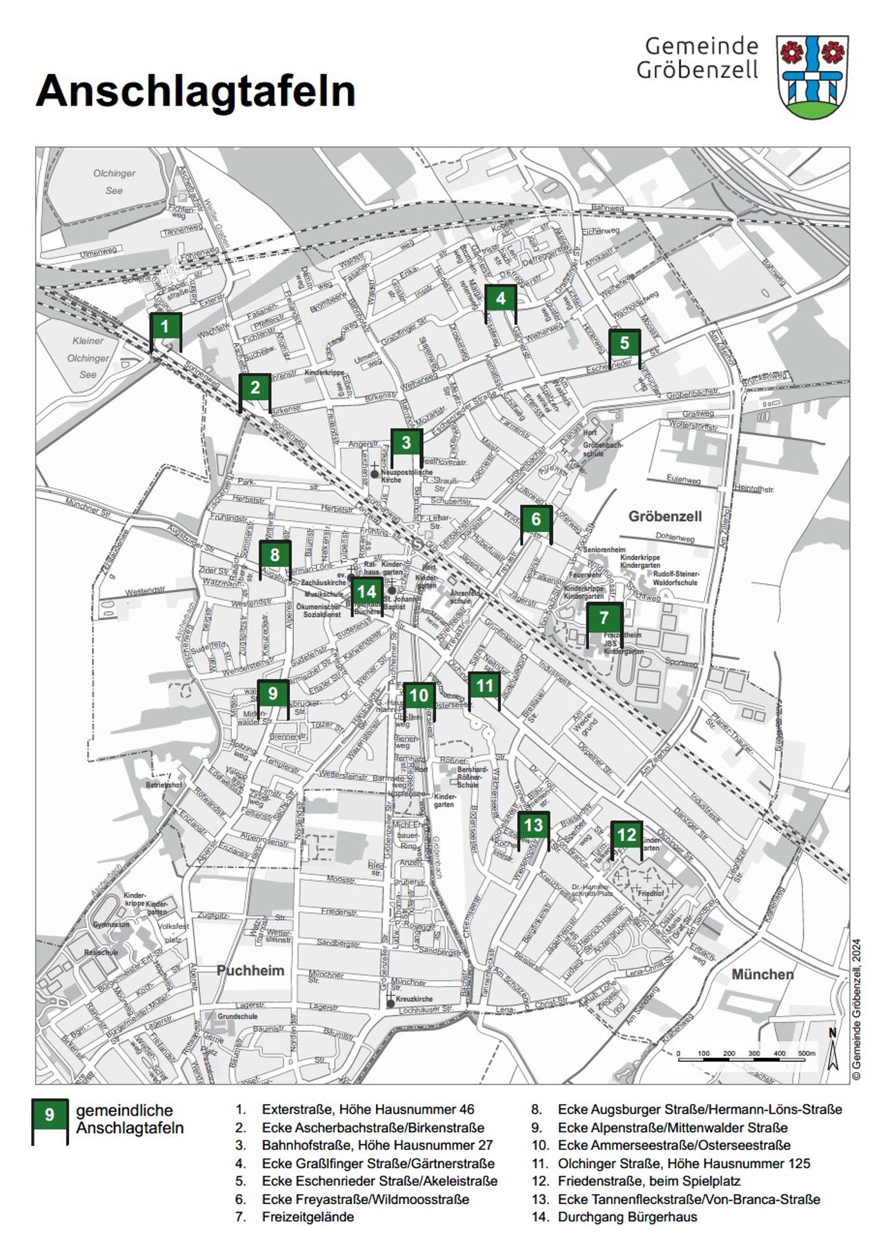 Karte von Gröbenzell: Grüne Anschlagtafel-Symbole mit Nummerierung markieren die Standorte der insgesamt 14 gemeindlichen Anschlagtafeln.
