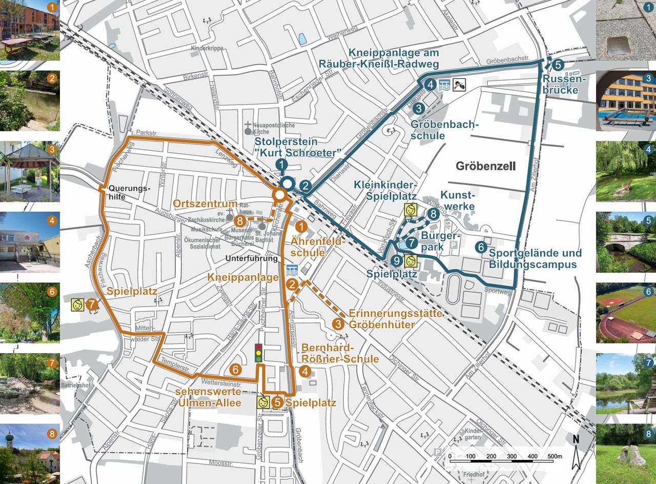 WestAllianz Heimatrunde - Routenbeschreibung WestAllianz Heimatrunde - Routenbeschreibung auf einer Ortskarte von Gröbenzell. Orange ist die naturnahe Tour, Blau die historische Tour.