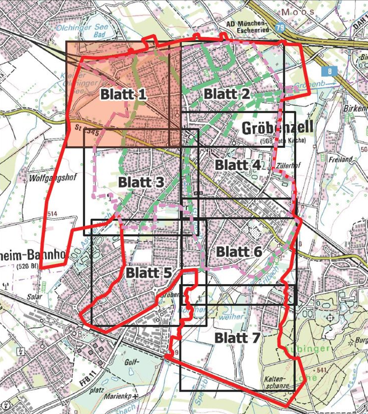 Ortsplan von Gröbenzell, darauf zur Orienterung überlappend markiert die Karten-Blätter 1-7