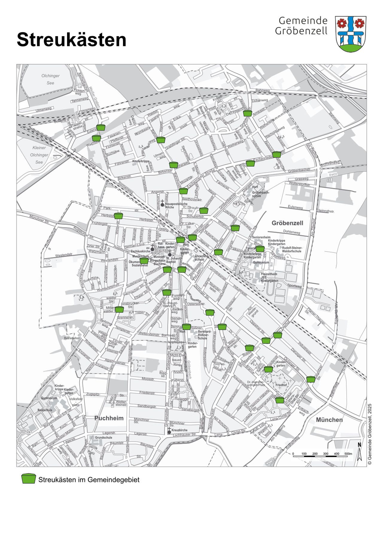 Schwarz-weiße Übersichtskarte des Gemeindegebiets Gröbenzell, darin die Streukästen im Gemeindegebiet in grün eingzeichnet (Stand Januar 2025)