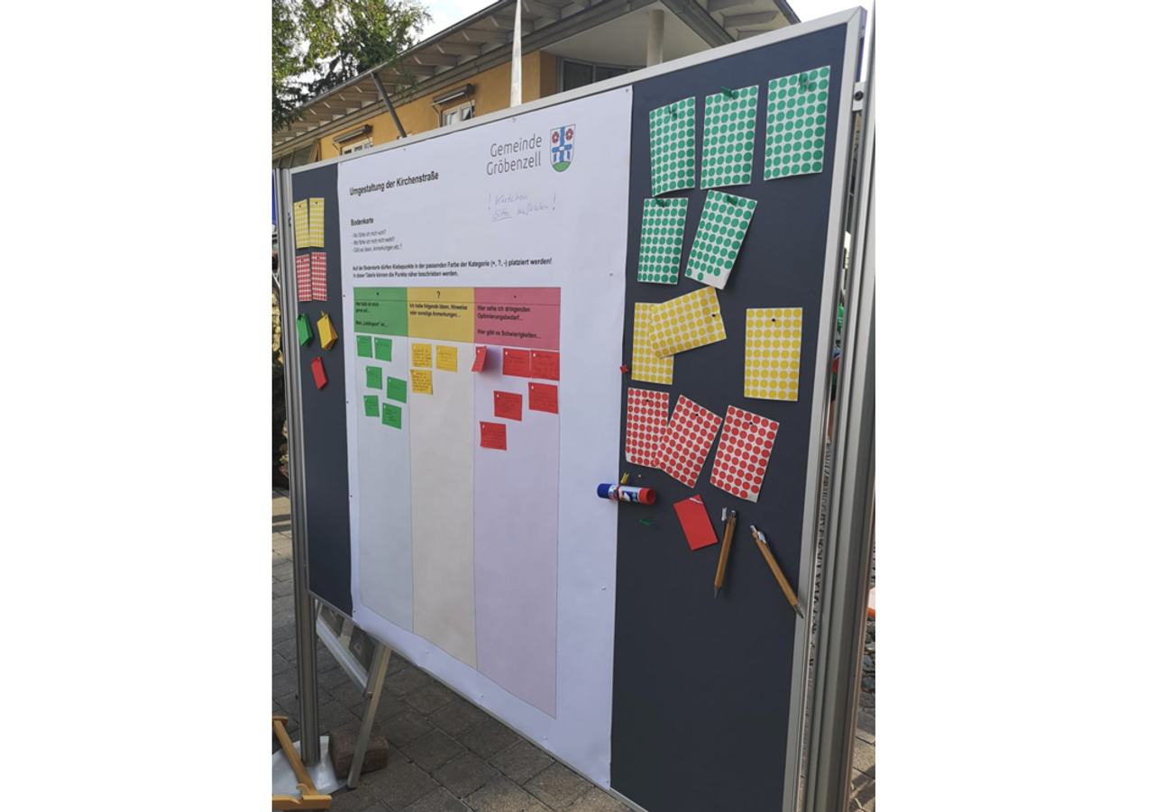 Stellwand mit Plakat zur Meinungsabfrage auf dem Bürgerfest Stellwand mit Plakat zur Meinungsabfrage auf dem Bürgerfest mit Klebepunkten und Kärtchen zu verschiedenen Themen