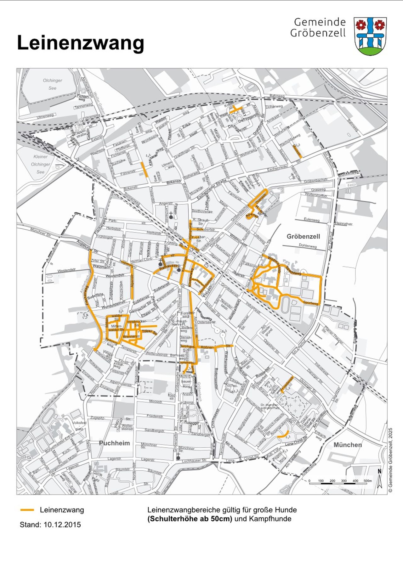 Übersicht der Straßen und Wege im Gemeindegebiet Gröbenzells, auf denen für große Hunde und Kampfhunde Leinenzwang herrscht - farbig hinterlegt auf einer schwarz-weißen Kartenansicht von Gröbenzell (Stand August 2025)