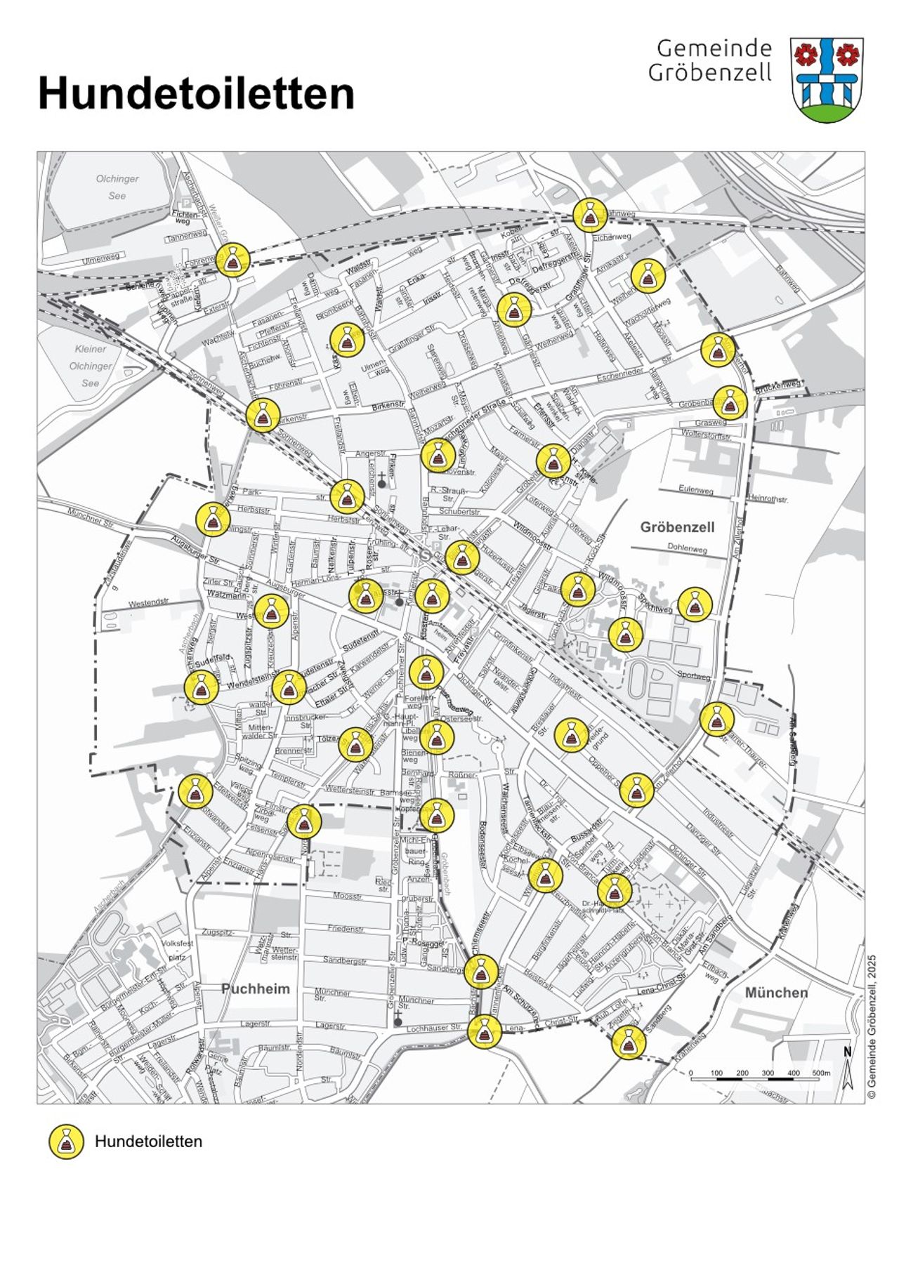 Übersicht aller Hundetoiletten im Gemeindegebiet Gröbenzells, farbig hinterlegt auf einer schwarz-weißen Kartenansicht von Gröbenzell (Stand August 2025)