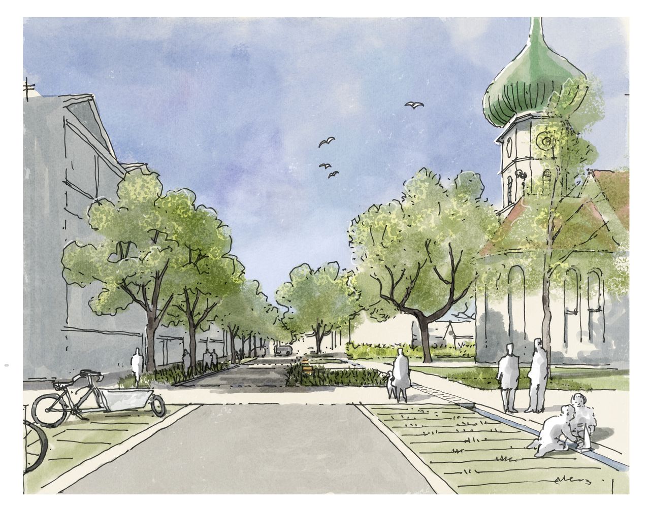 Ein möglicher zukünftiger Blick in die Kirchenstraße in Richtung Süden zur Staatsstraße zeigt die vorgestellte Visualisierung der Planer.