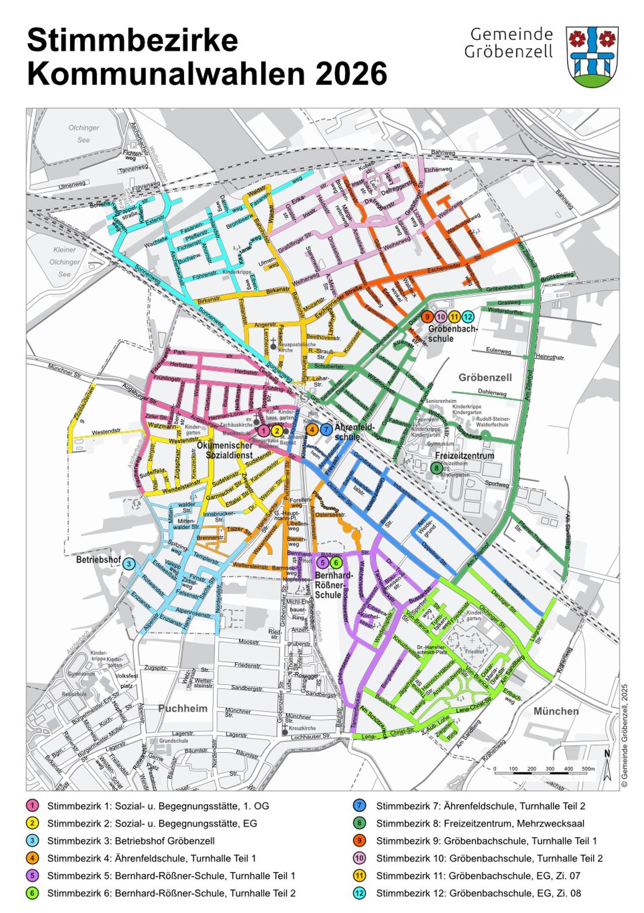 Ortskarte von Gröbenzell, darauf in 12 verschiedenen Farben markiert: Die Straßenzüge, die jeweils zu den 12 Stimmbezirken gehören.