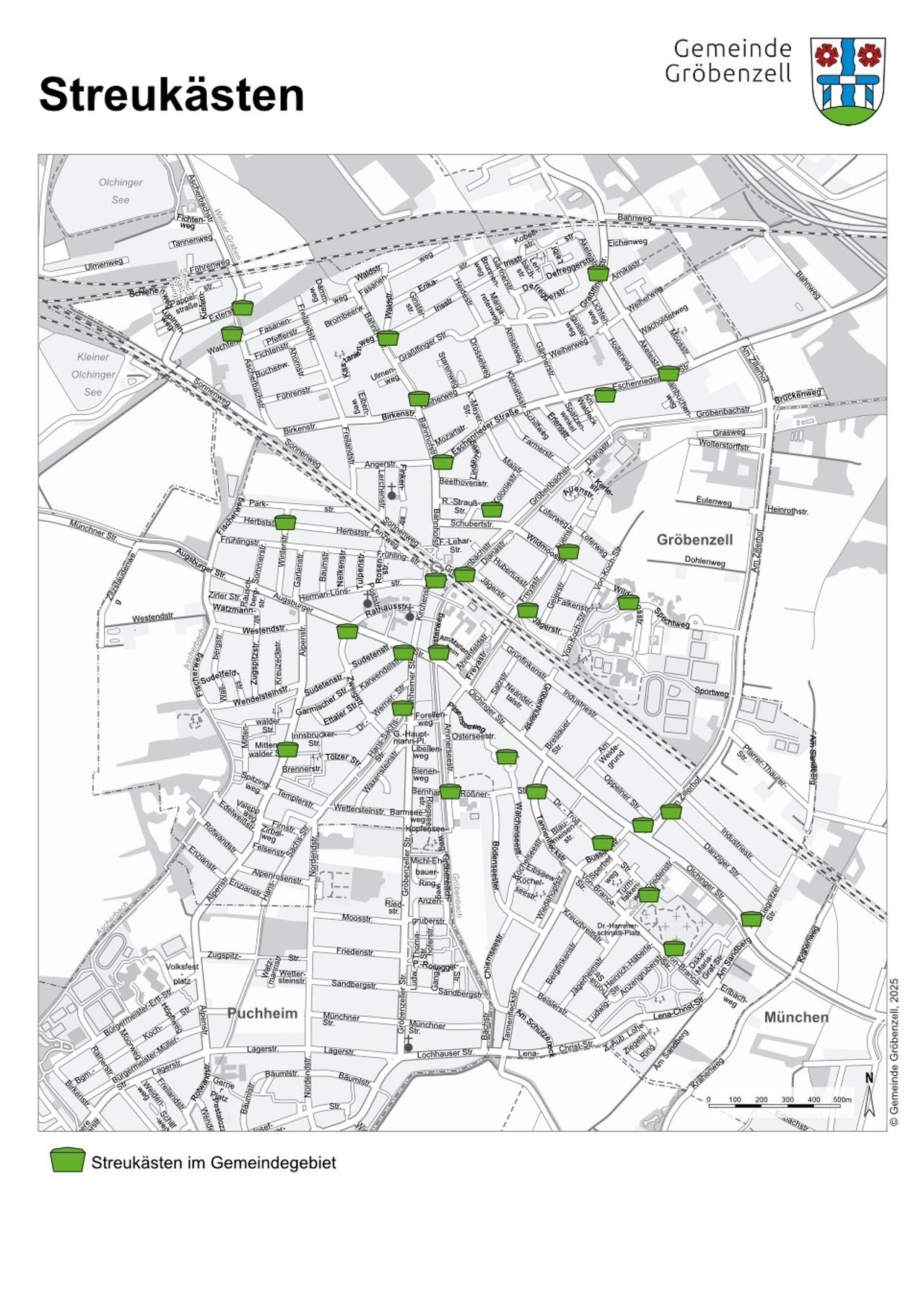 Schwarz-weiße Übersichtskarte des Gemeindegebiets Gröbenzell, darin die Streukästen im Gemeindegebiet in grün eingzeichnet (Stand November 2025)