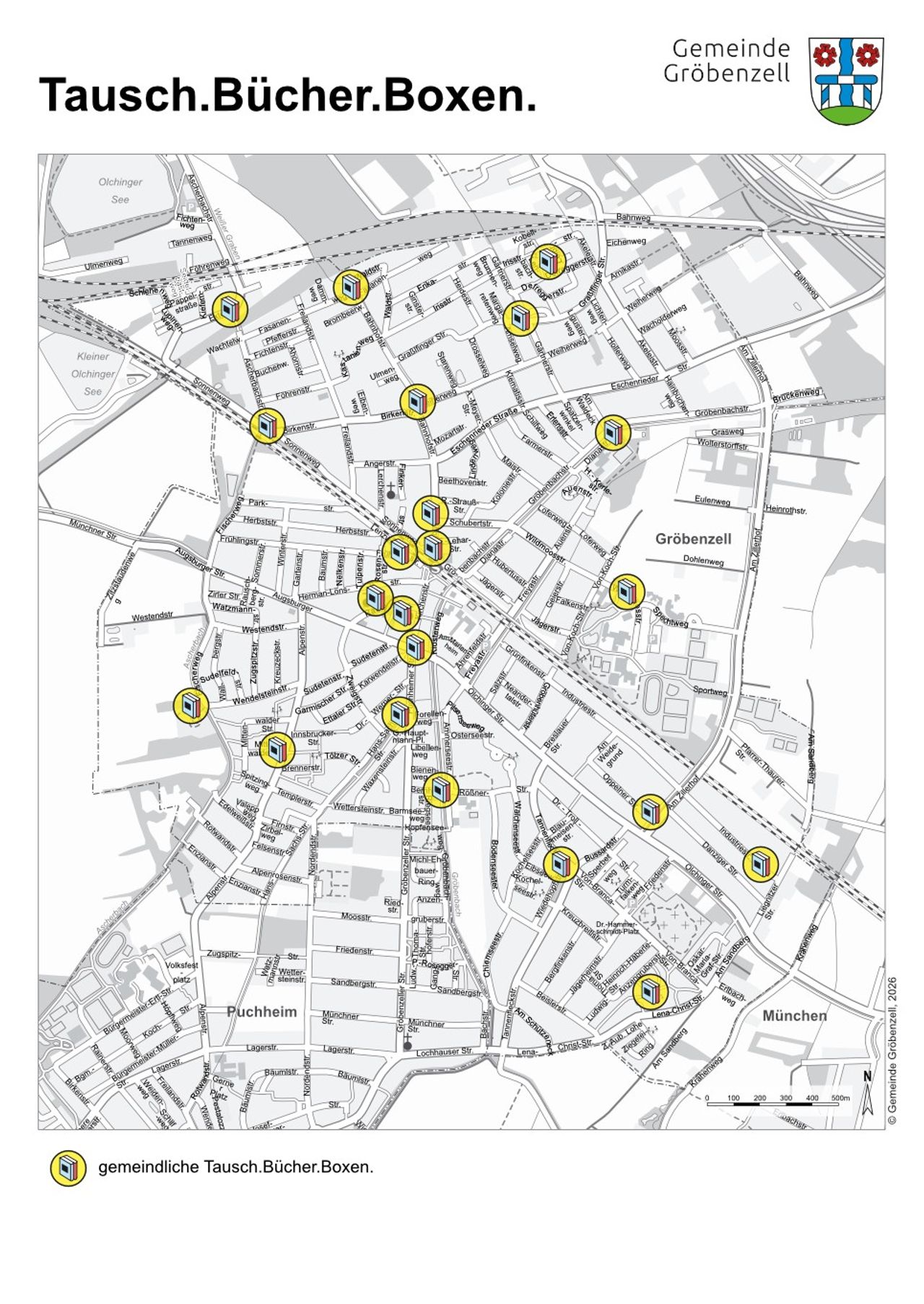 Übersicht der gemeindlichen Tausch.Bücher.Boxen. im Gemeindegebiet Gröbenzells, farbig hinterlegt auf einer schwarz-weißen Kartenansicht von Gröbenzell (Stand Februar 2026)
