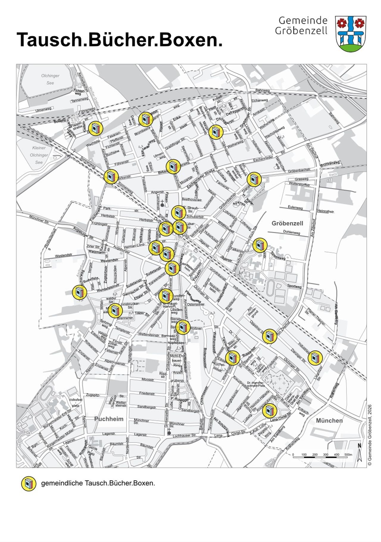 Übersicht der gemeindlichen Tausch.Bücher.Boxen. im Gemeindegebiet Gröbenzells, farbig hinterlegt auf einer schwarz-weißen Kartenansicht von Gröbenzell (Stand März 2026)
