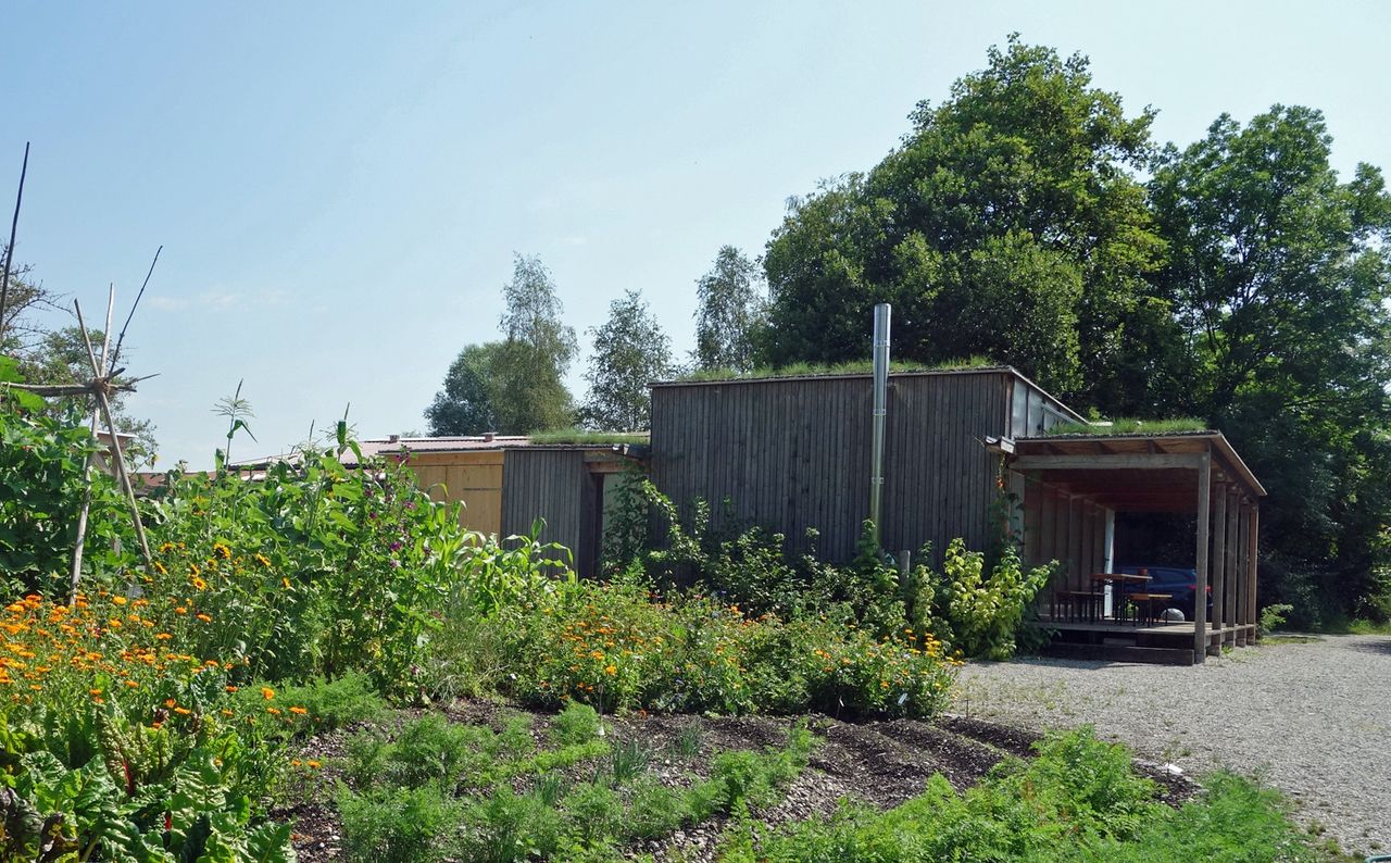 Foto eines Gartens mit Holzhaus und einer Terrasse mit Biertischgarnitur darauf.