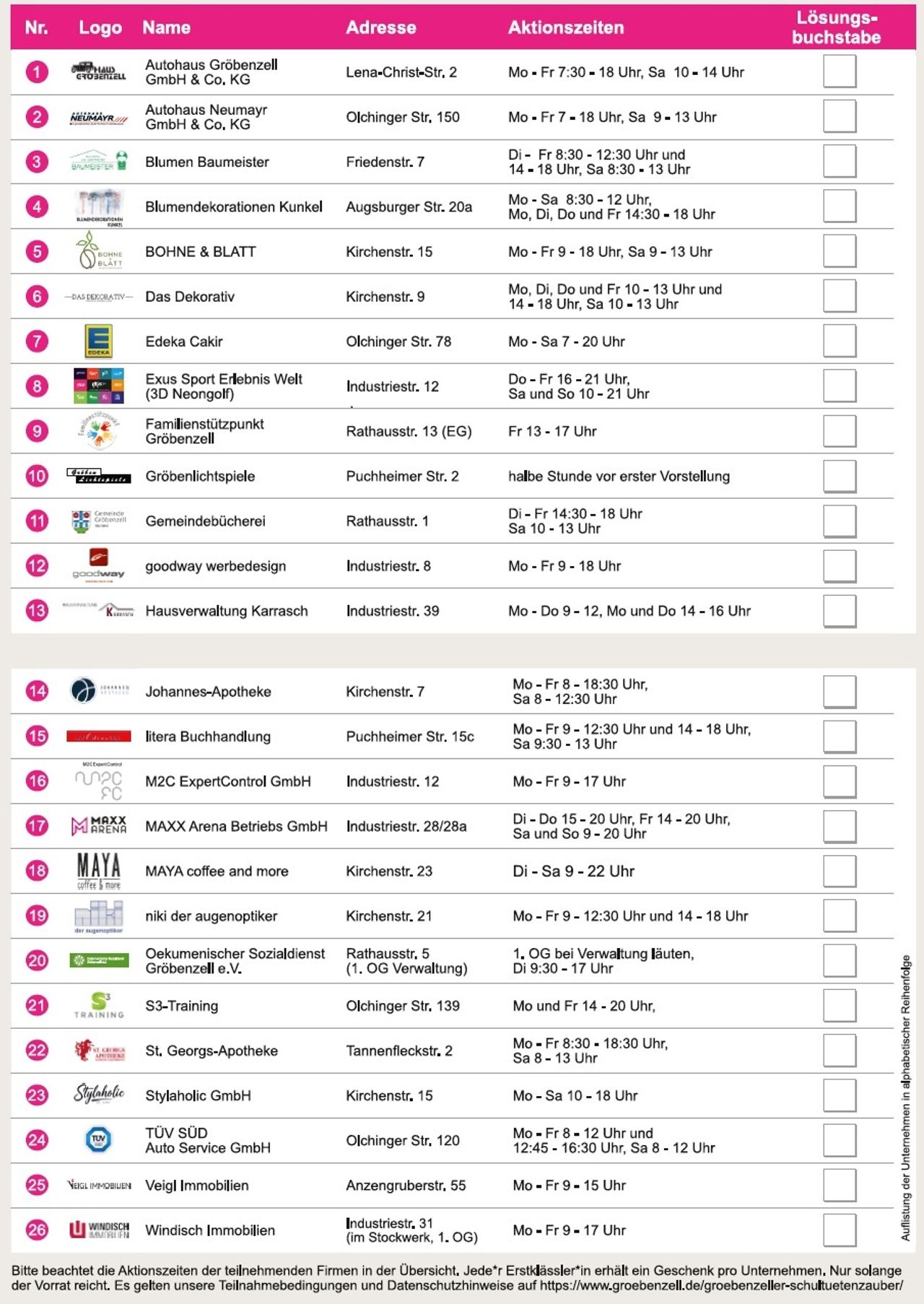 Flyer des Schultütenzaubers mit Unternehmerübersicht