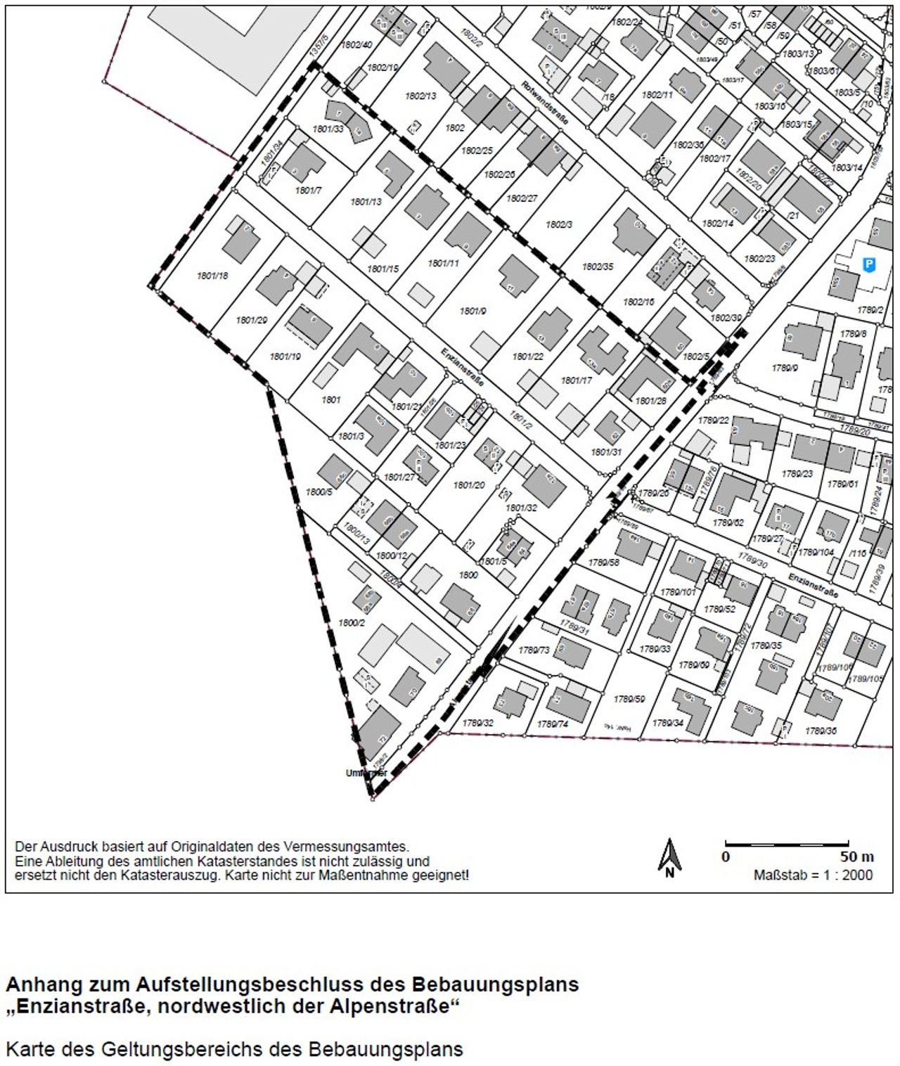 Anhang zum Aufstellungsbeschluss des Bebauungsplans "Enzianstraße, nordwestlich der Alpenstraße: Karte des Geltungsbereichs