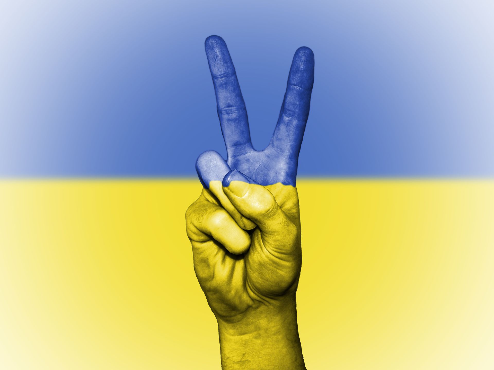 Solidarität mit der Ukraine Ukrainische Flagge, im Vordergrund eine Männerhand, die ein Peace-Zeichen zeigt