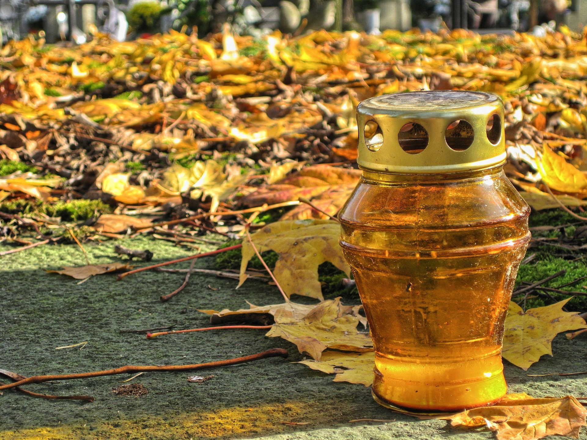 Informationen rund um Allerheiligen am Gröbenzeller Friedhof Grablicht am Boden, daneben Herbstlaub