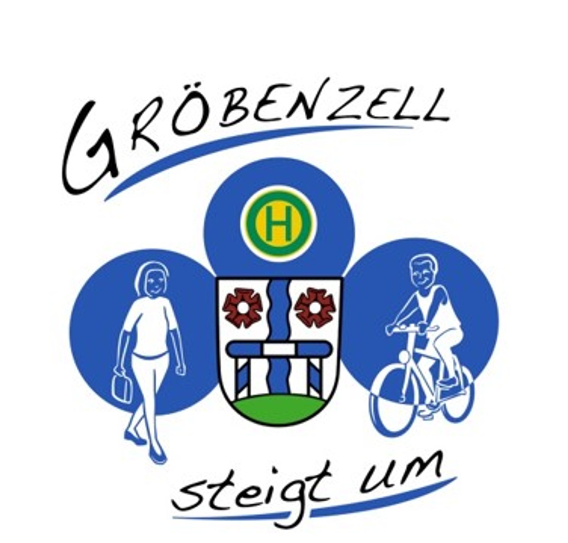 Key-Visual bzw. Logo von Gröbenzell steigt um: Wappen mittig, Radfahrer, Fußgängerin, Schriftzug