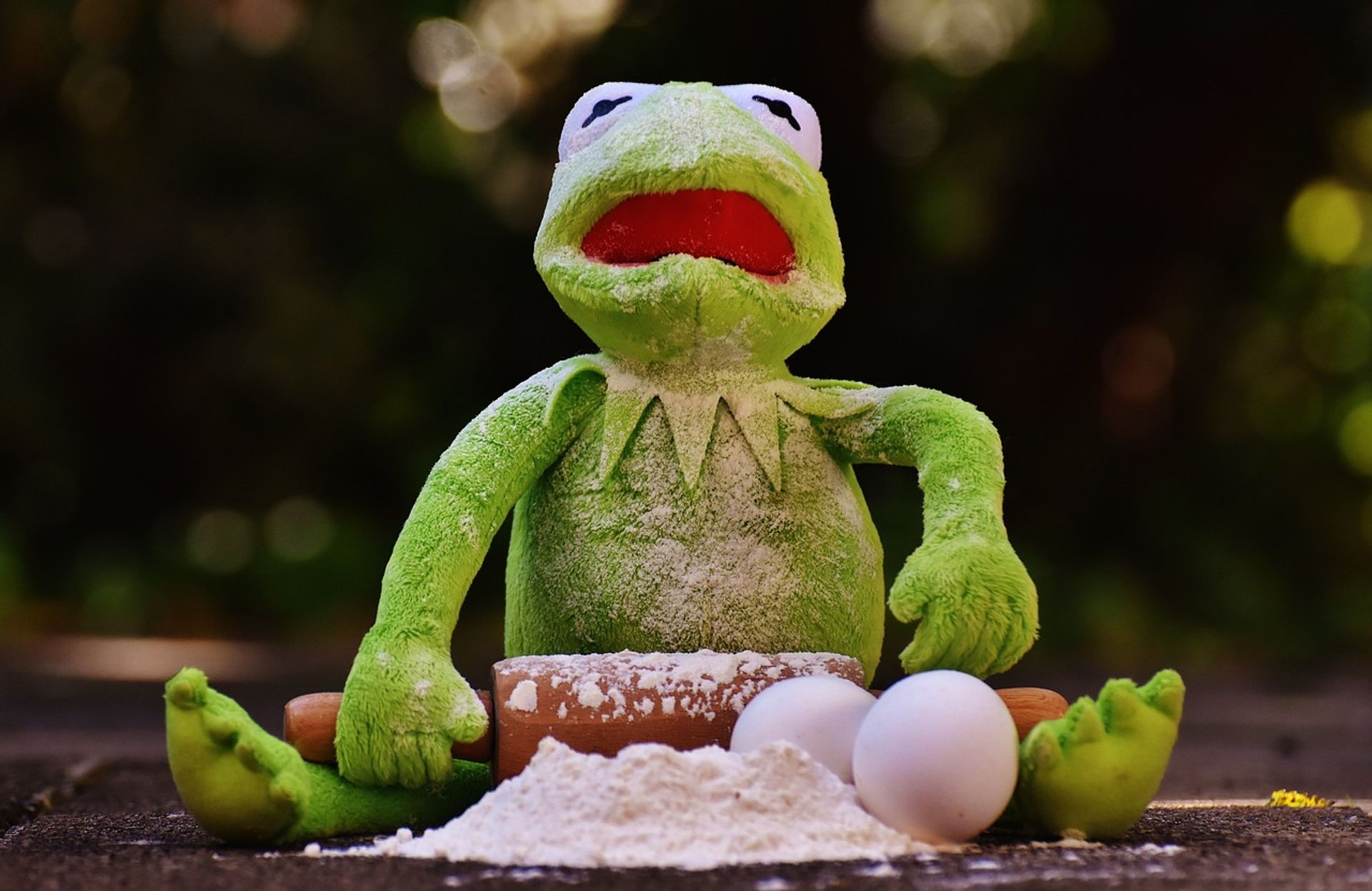 Kermit der Frosch mit einem Nudelholz und zwei Eiern, voll mit Mehl.