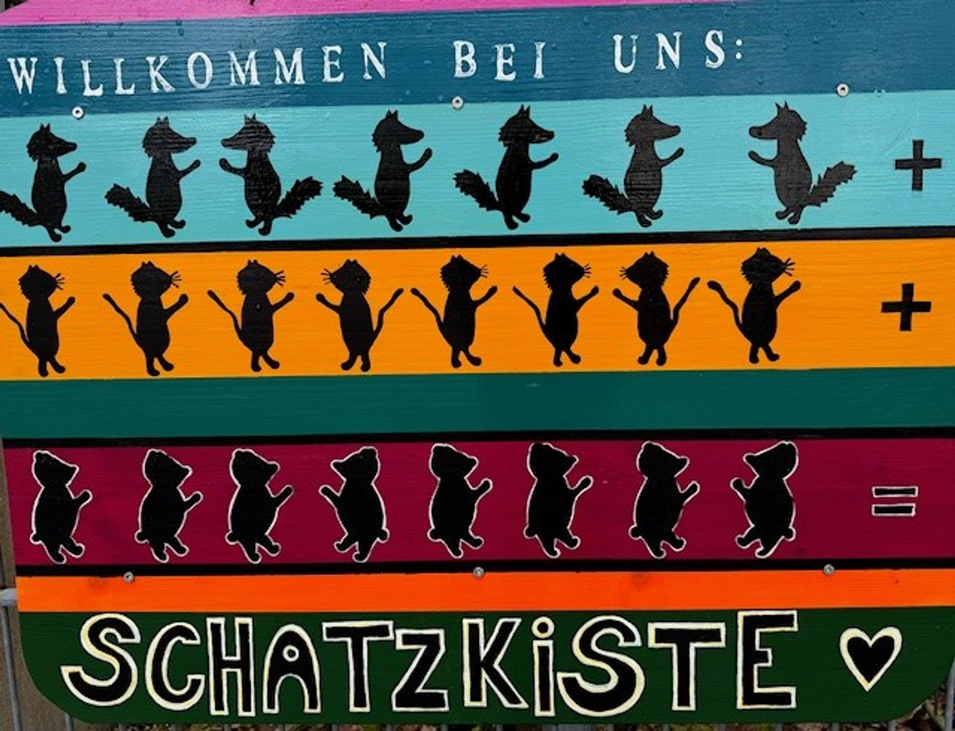 Tag der offenen Tür im Kindergarten „Schatzkiste“ Buntes Türschild mit Kita-Name und Gruppensymbolen