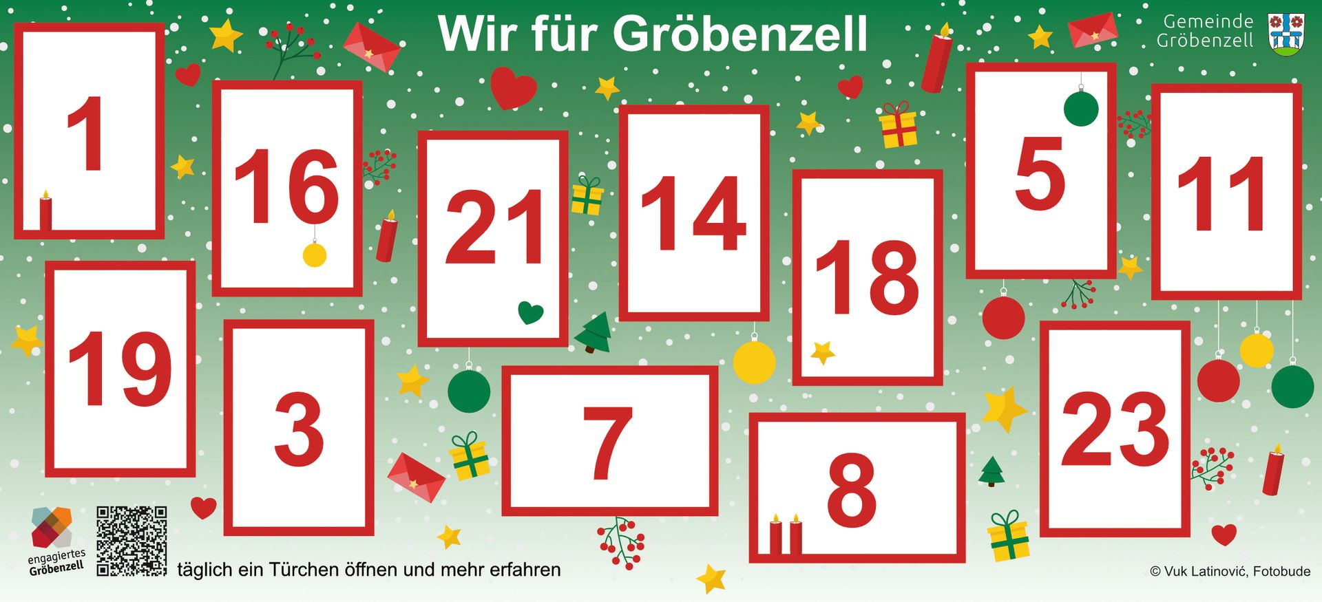 Gröbenzell ist „Engagierte Gemeinde“ – Adventskalenderaktion vor dem Rathaus Design des Banners vom Adventskalender "Wir sind Gröbenzell"