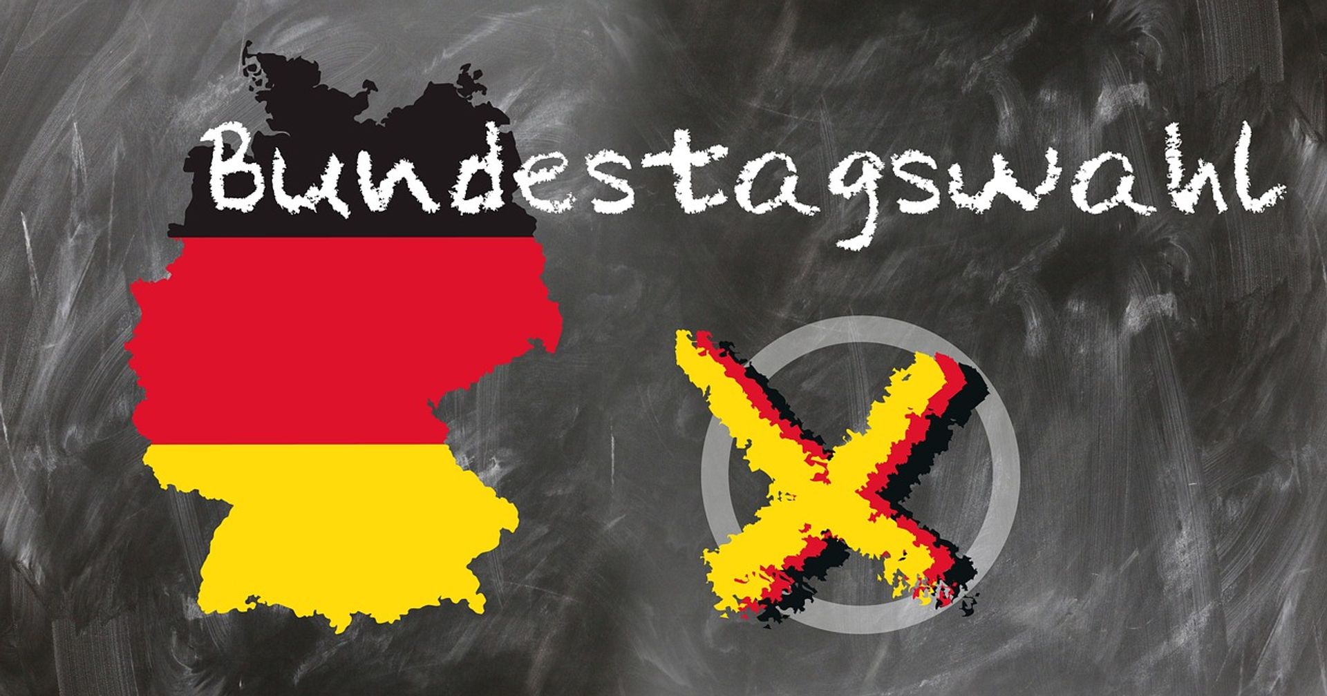 Bundestagswahl 2025: Ergebnisse aus Wahlkreis und Ort Umrisse der BRD und stilisiertes Wahlkreuzchen im Kreis, beides schwarz-rot-gold eingefärbt - darüber der Schriftzug "Bundestagswahl"