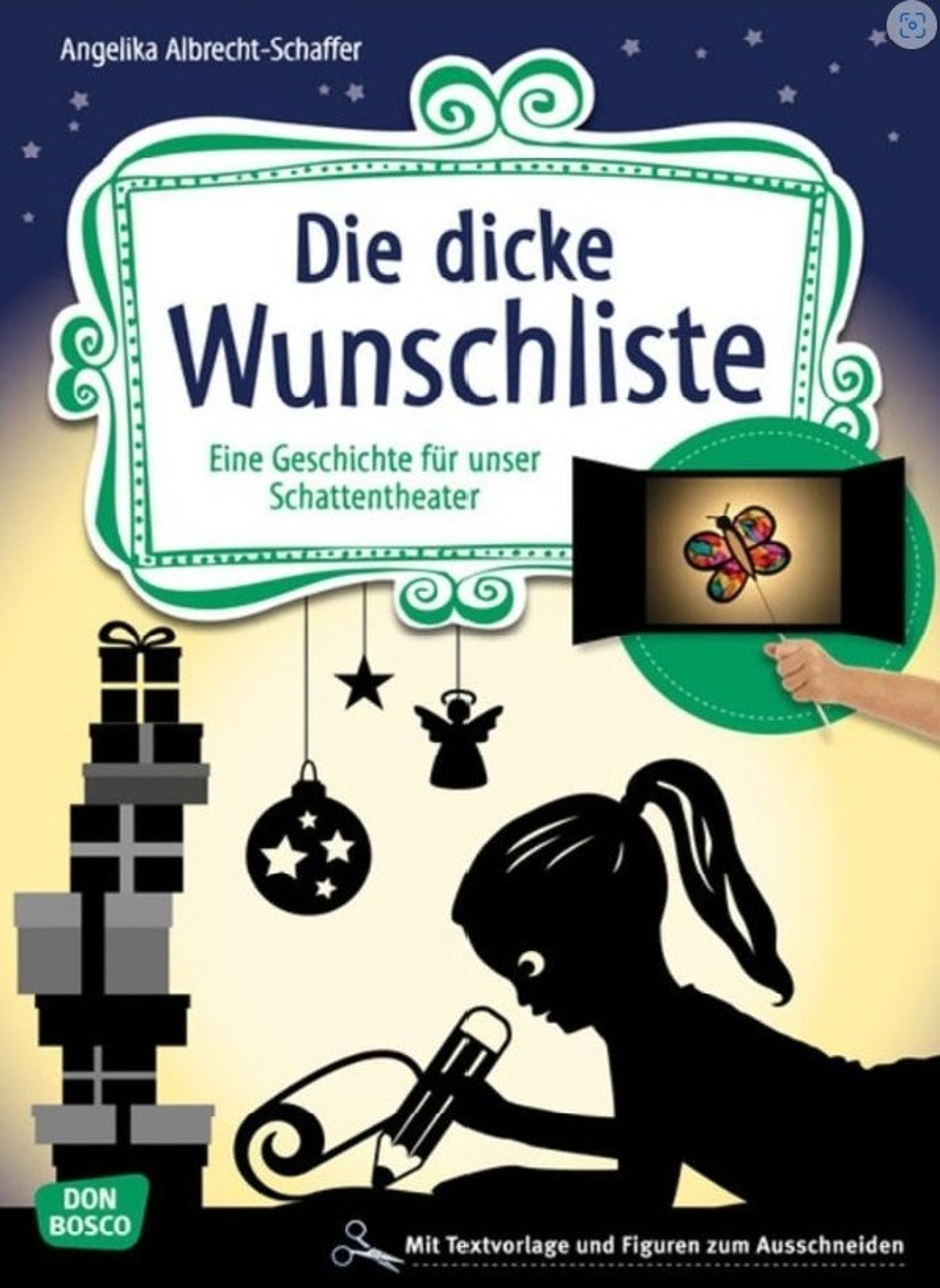 „Vorhang auf!“: Die dicke Wunschliste Ein Mädchen mit Pferdeschwanz liegt vor einem Stapel mit Geschenken auf dem Boden und schreibt mit einem Stift auf einer Papierrolle.