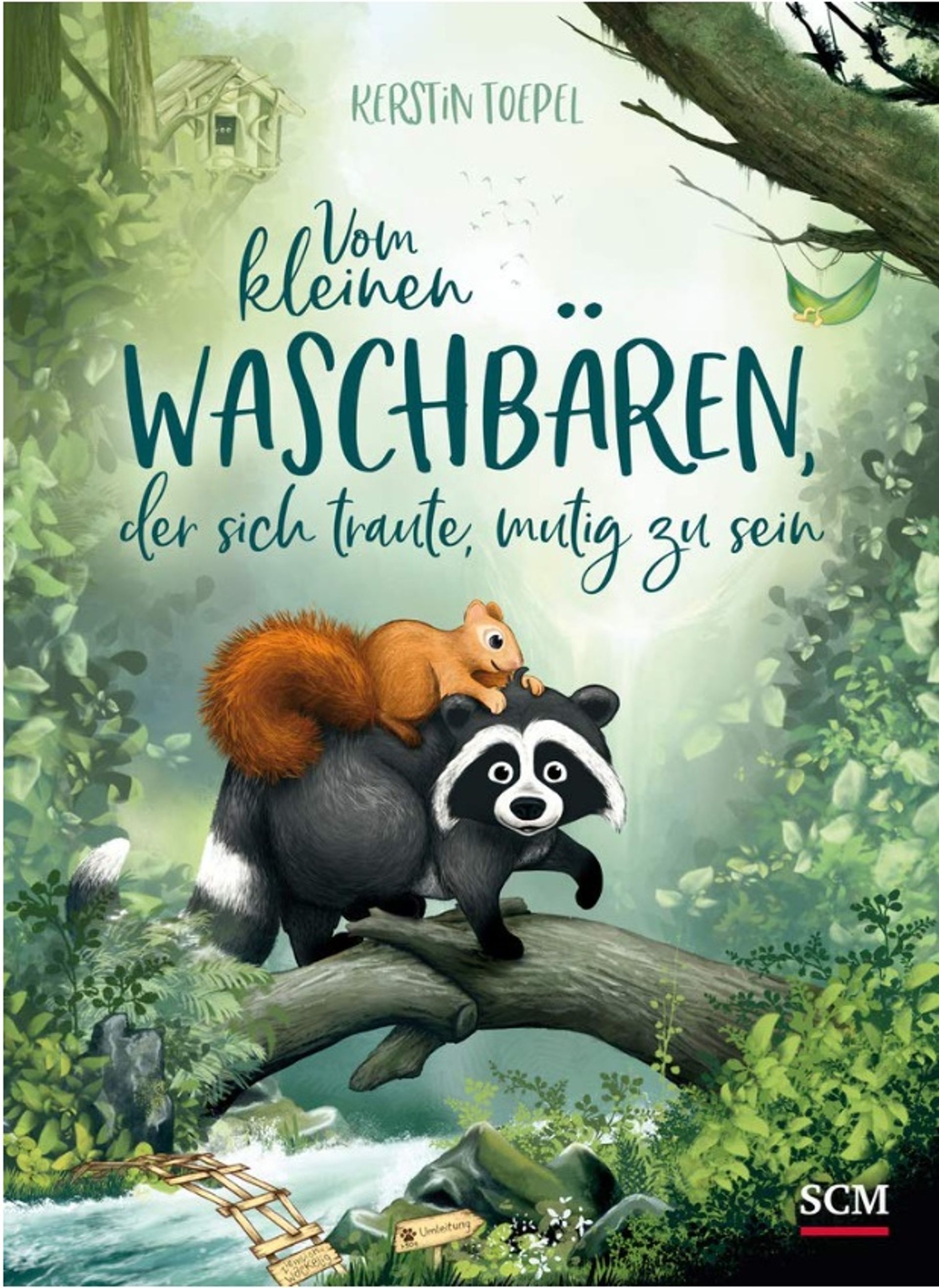 Vorlesen & Basteln: Vom kleinen Waschbären, der sich traute, mutig zu sein Ein Waschbär mit einem Eichhörnchen auf dem Rücken balanciert auf einem Baumstamm über einen Fluss.