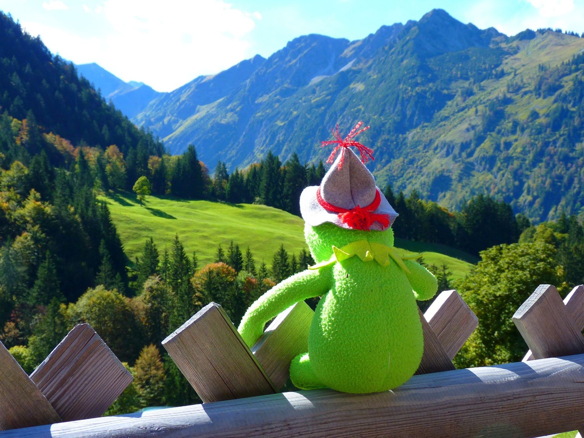 Wendelstein-Männlein-Weg (Kinderprogramm Impuls) Kermit der Frisch auf einem Geländer mit einem Ausblick auf ein Bergpanorama