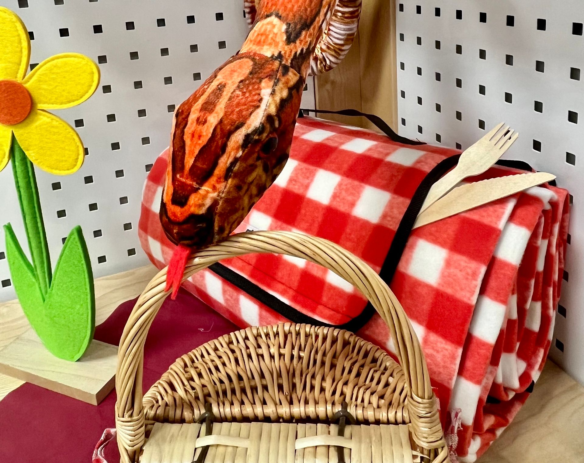 Bücherei-Picknick mit Schlange Eine Schlange schlängelt sich über einem Picknickkorb und einer rot-weiß-karierten Picknickdecke. Links sieht man eine gelbe Blume, am oberen Rand sieht man zwei Bücher.