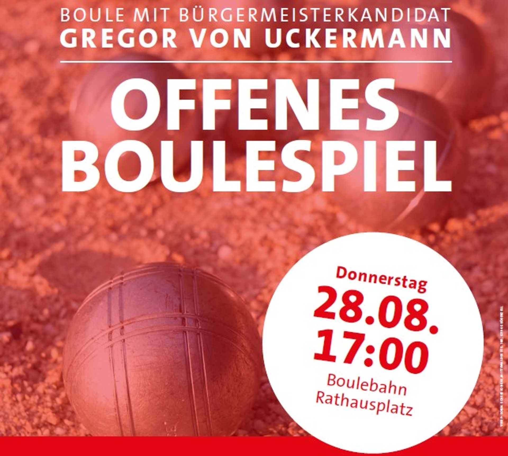 Offenes Boulespiel Plakatausschnitt der Veranstaltung: Rot, Boulekugel, Infos zur Veranstaltung