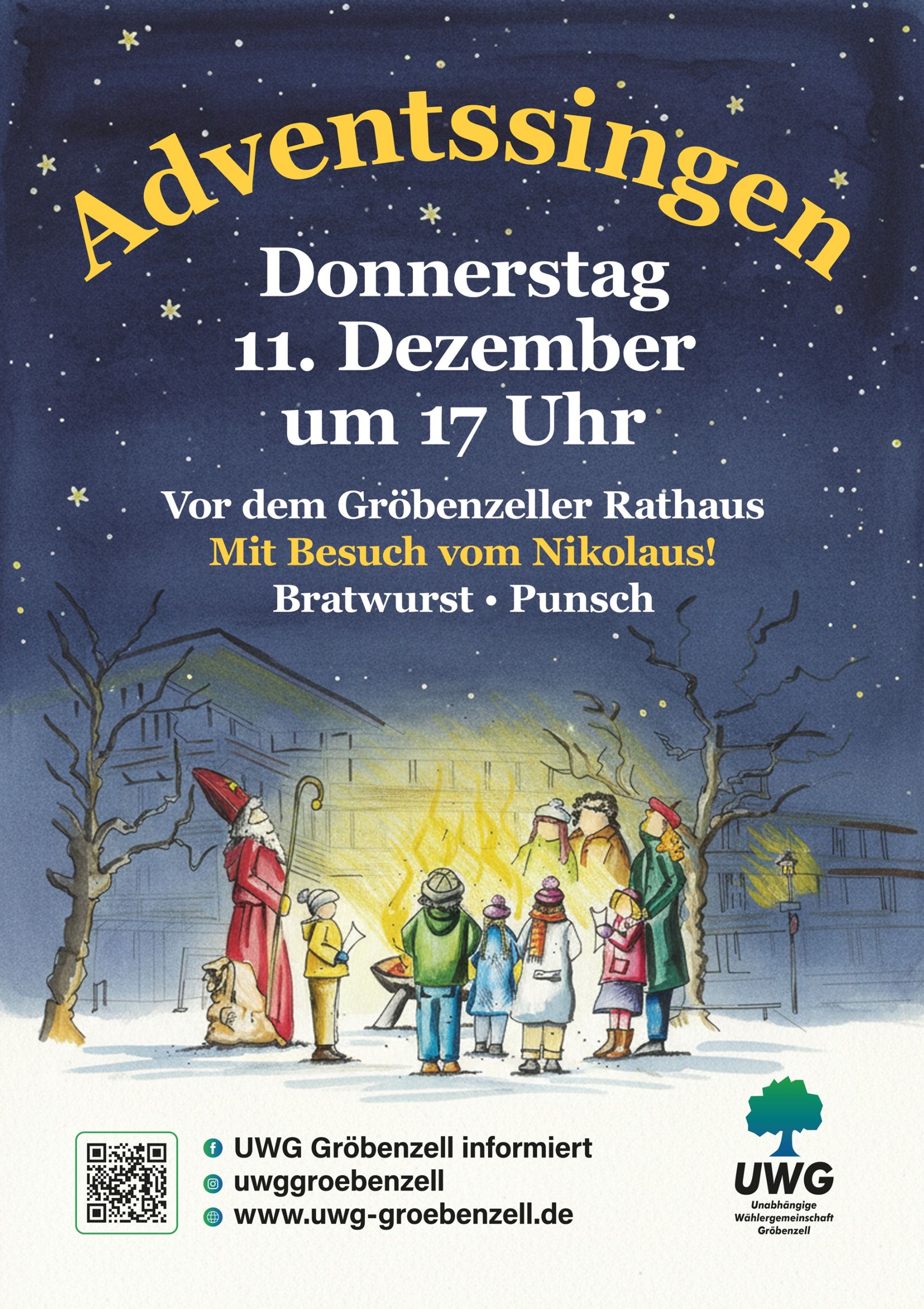 Zeichnung: Adventsfeuer, Nikolaus, Kinder und Erwachsene stehen im Kreis, im Hintergrund das Rathaus skizziert. Logo der UWG und Text "Adventssingen" mit Terminankündigung und Hinweis auf Nikolausbesuch, Bratwurst, Punsch.