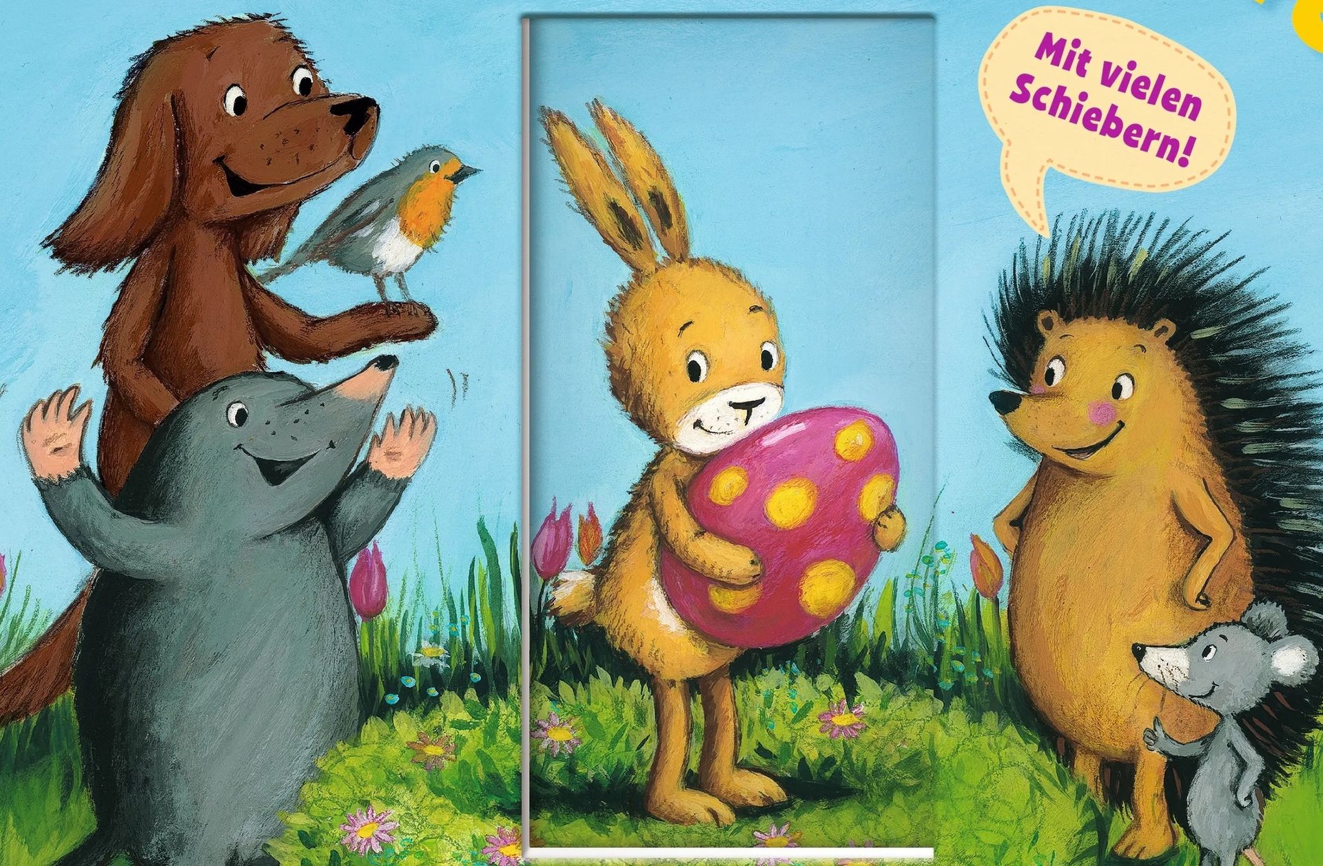 Ein Hase mit einem roten Osterei mit gelben Punkten steht auf einer Tulpenwiese. Links stehen ein Hund mit einem Rotkehlchen auf der Pfote und ein Maulwurf , rechts ein Igel und eine Maus.