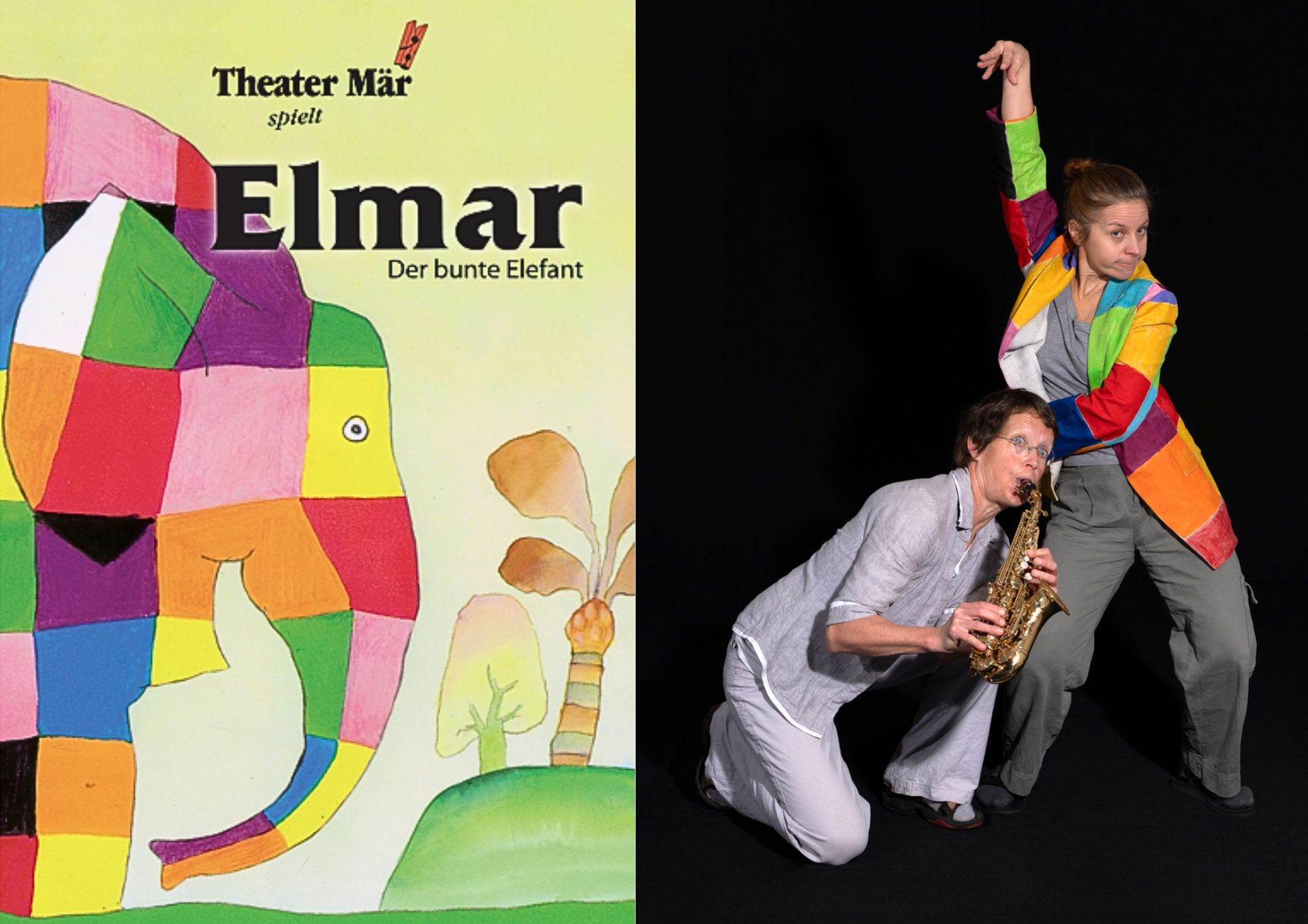 links: Elmar, bunt karierter Elefant, rechte Bildhälfte: 2 Schauspielerinnen, die rechte Dame im bunt karierten Mantel als Elmar in Elefantenpose, die linke Frau in grau mit Saxophon