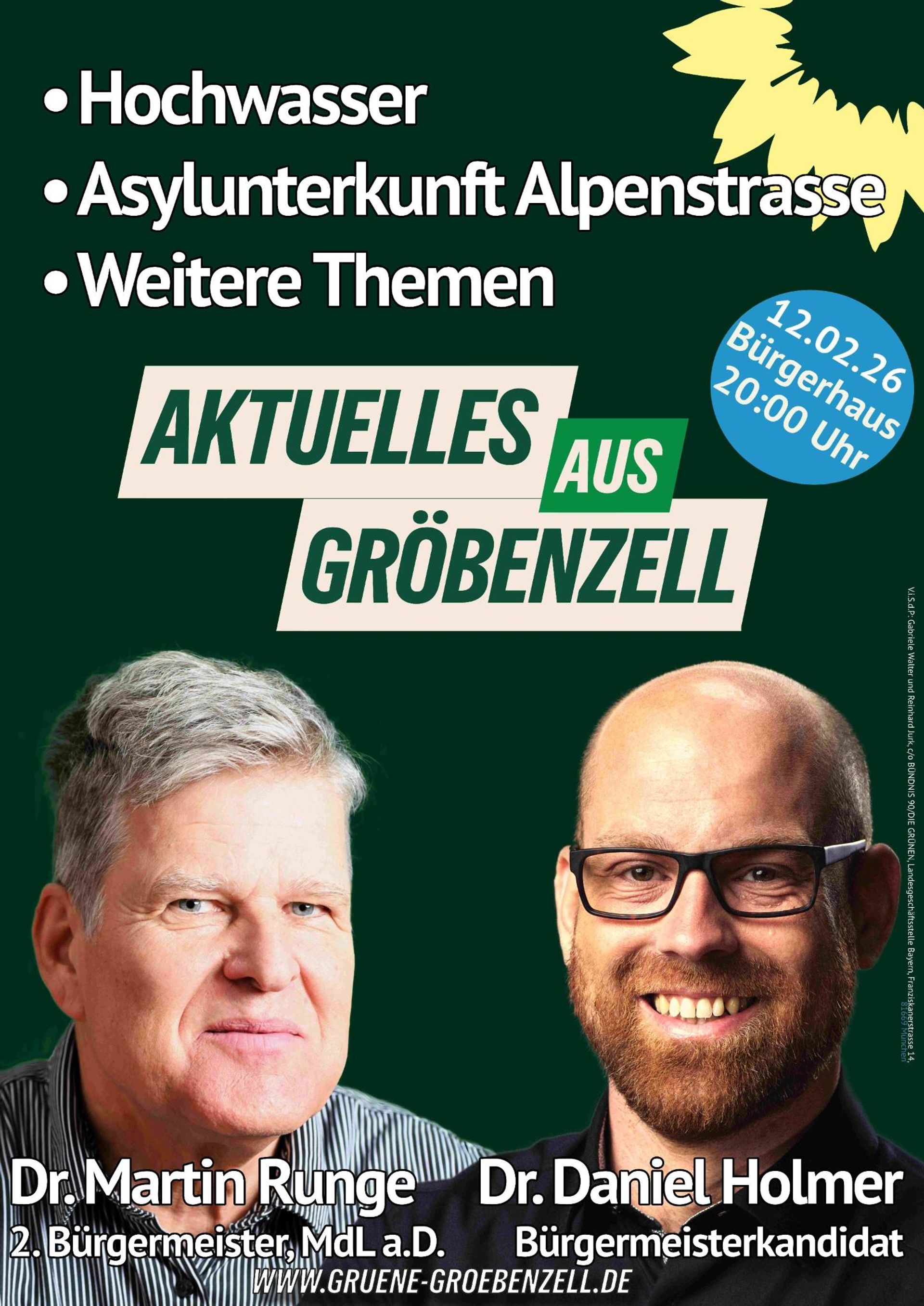 Plakat der Veranstaltung mit Portraits von Dr. Runge und Dr. Holmer, Schriftzug "Aktuelles aus Gröbenzell"