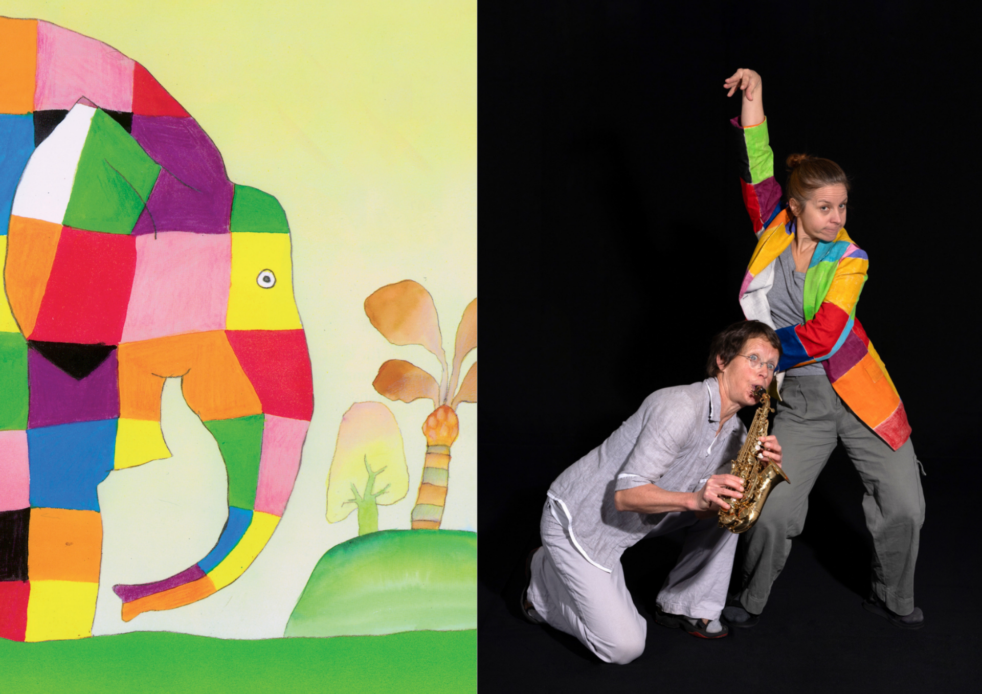 links: Elmar, bunt karierter Elefant, rechte Bildhälfte: 2 Schauspielerinnen, die rechte Dame im bunt karierten Mantel als Elmar in Elefantenpose, die linke Frau in grau mit Saxophon