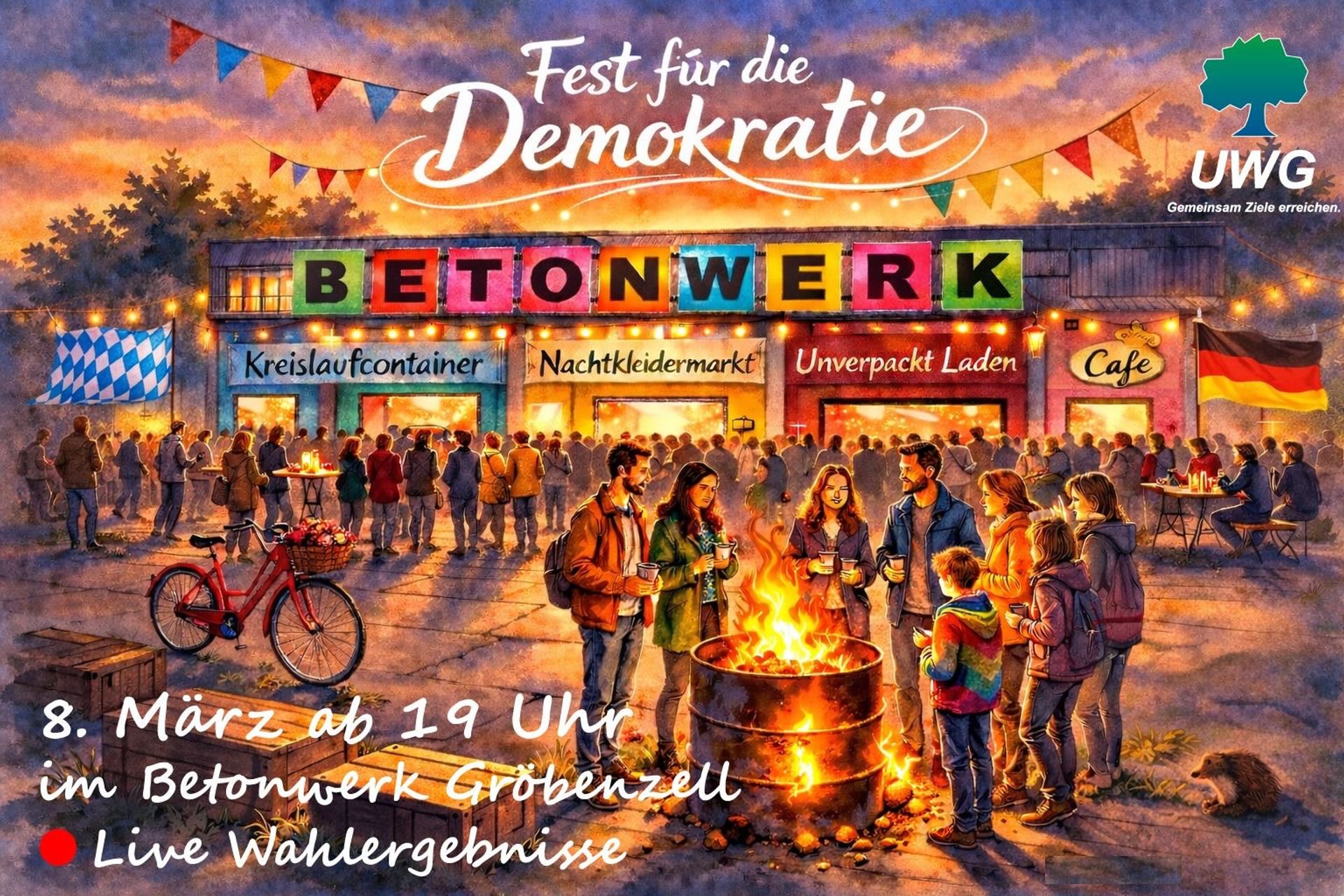 Zeichnung des Betonwerks, Menschen stehen davor an einer Lagerfeuertonne, unterhalten sich.