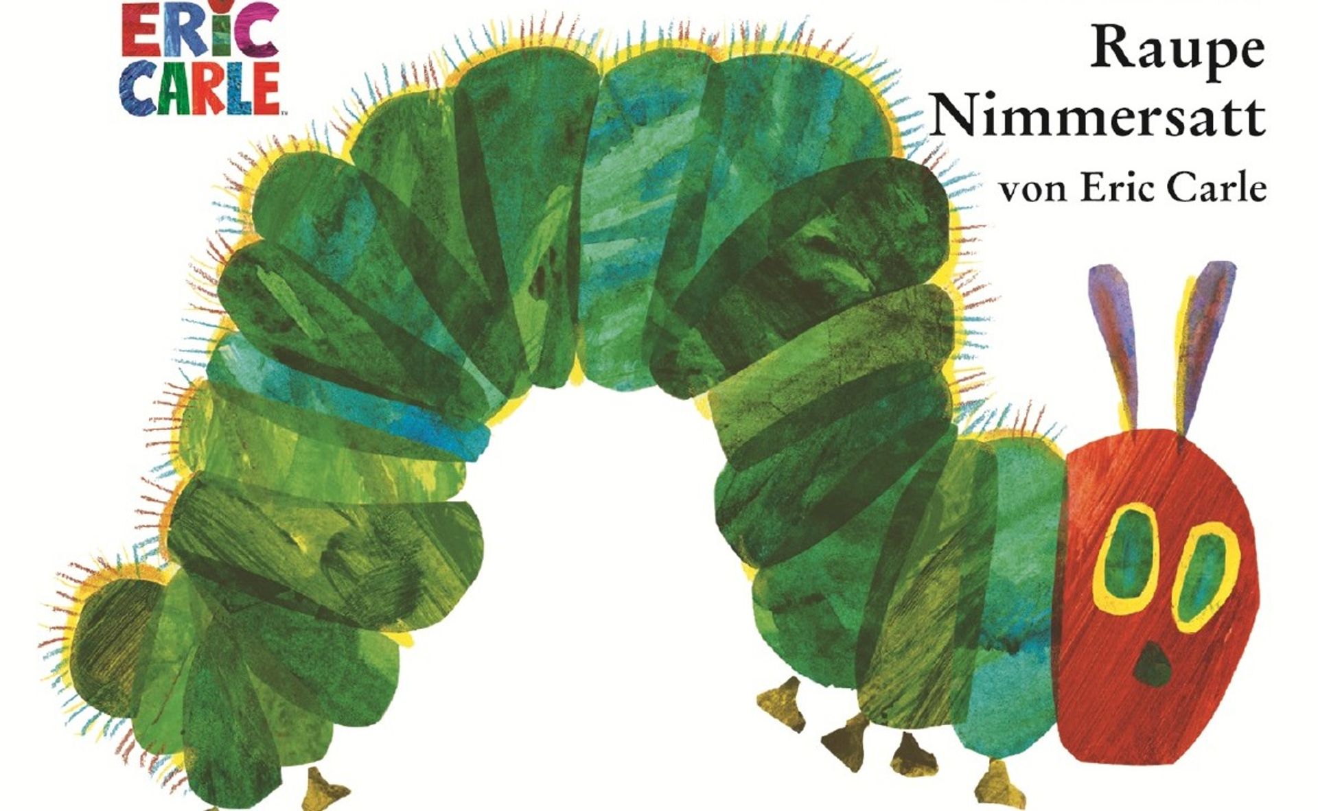 Eine grüne Raupe mit rotem Kopf und geschwungenem Körper blickt den Betrachter an.