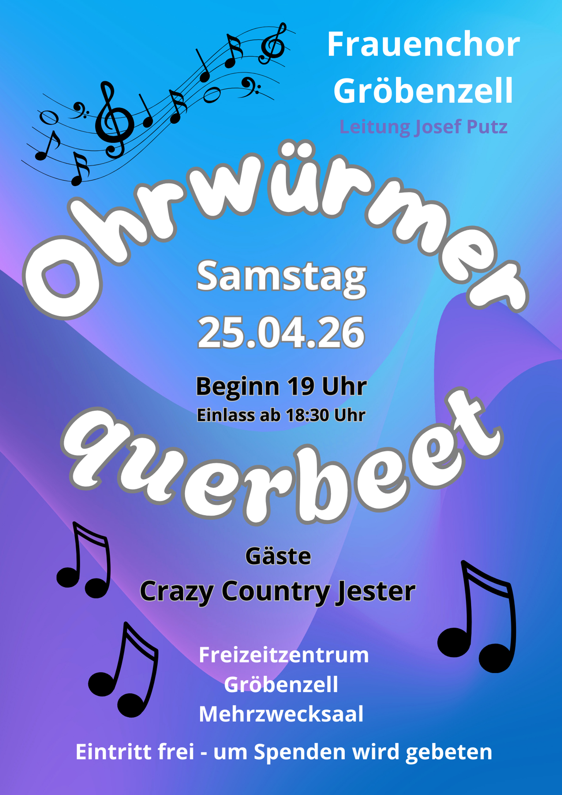 Plakat mit Text in Blau und Lila.