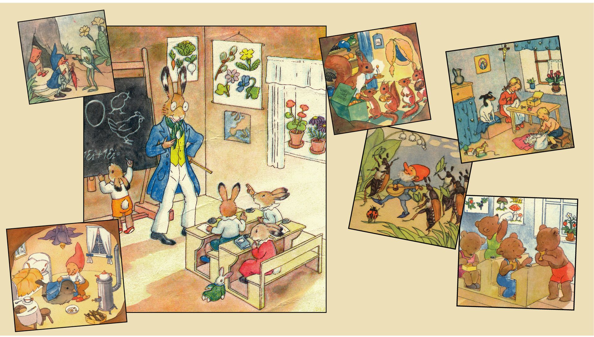 Sammlung verschiedener Fleißbildchen auf beigem Hintergrund, hauptsächlich Zwerge, Hasen in der Schule, Eichhörnchen und Bären.