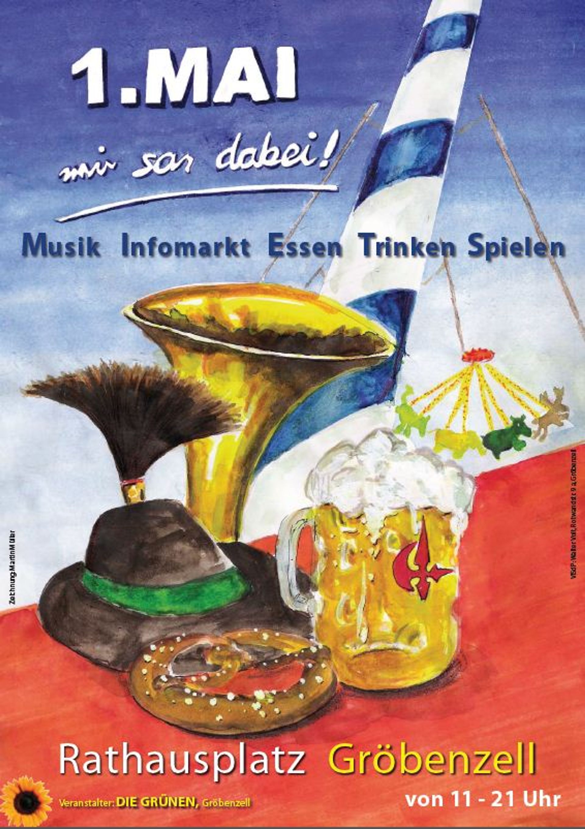 Gezeichnete Motive: Maibaum, Trachtenhut, Breze, Bier, Trompete, Karussell sowie schriftliche Infos zur Veranstaltung