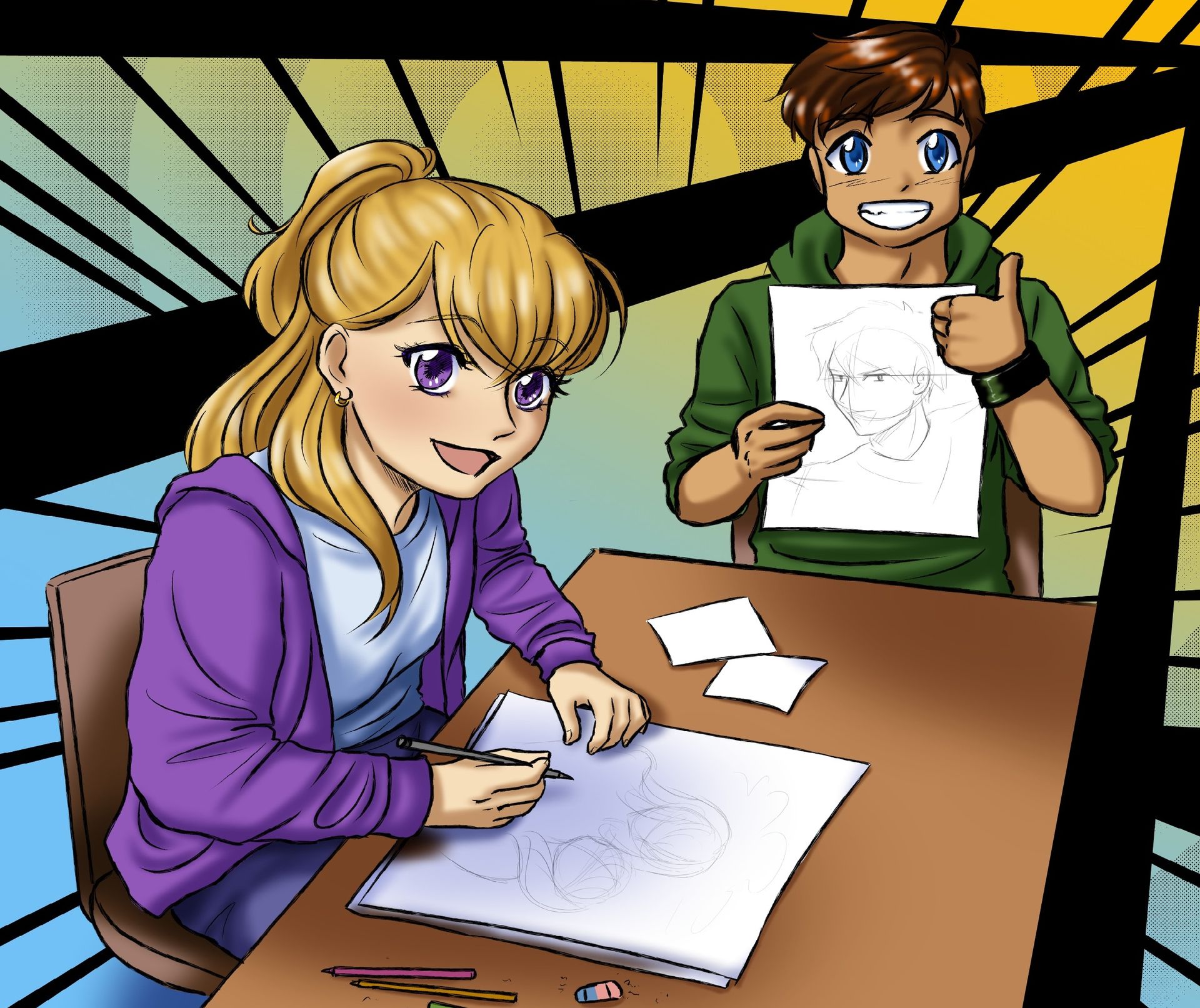 Ein Mädchen sitzt an einem Tisch, vor sich ein Papier mit zwei skizzierten Figuren. Neben dem Tisch steht ein Junge, der ebenfalls ein Blatt mit einer skizzierten Figur zeigt.