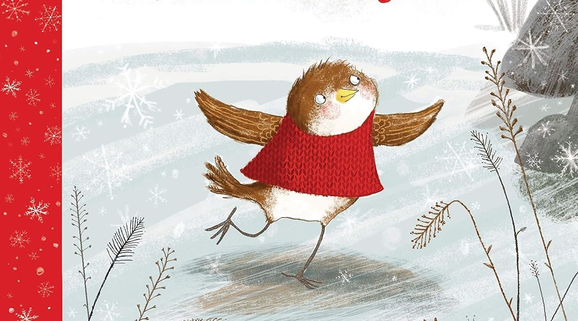 Ein kleiner Vogel in rotem Pullover tanzt auf einer Eisfläche.