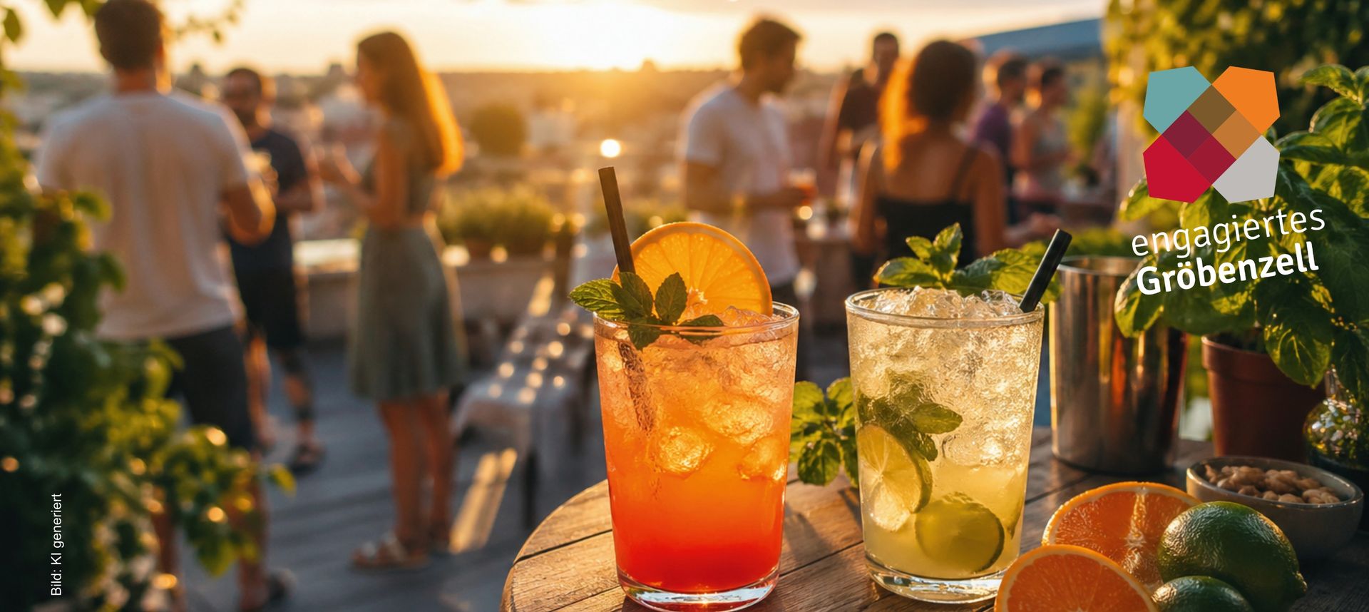 Sommerlicher Flair auf einer Dachterrasse mit Cocktails im Vordergrund
